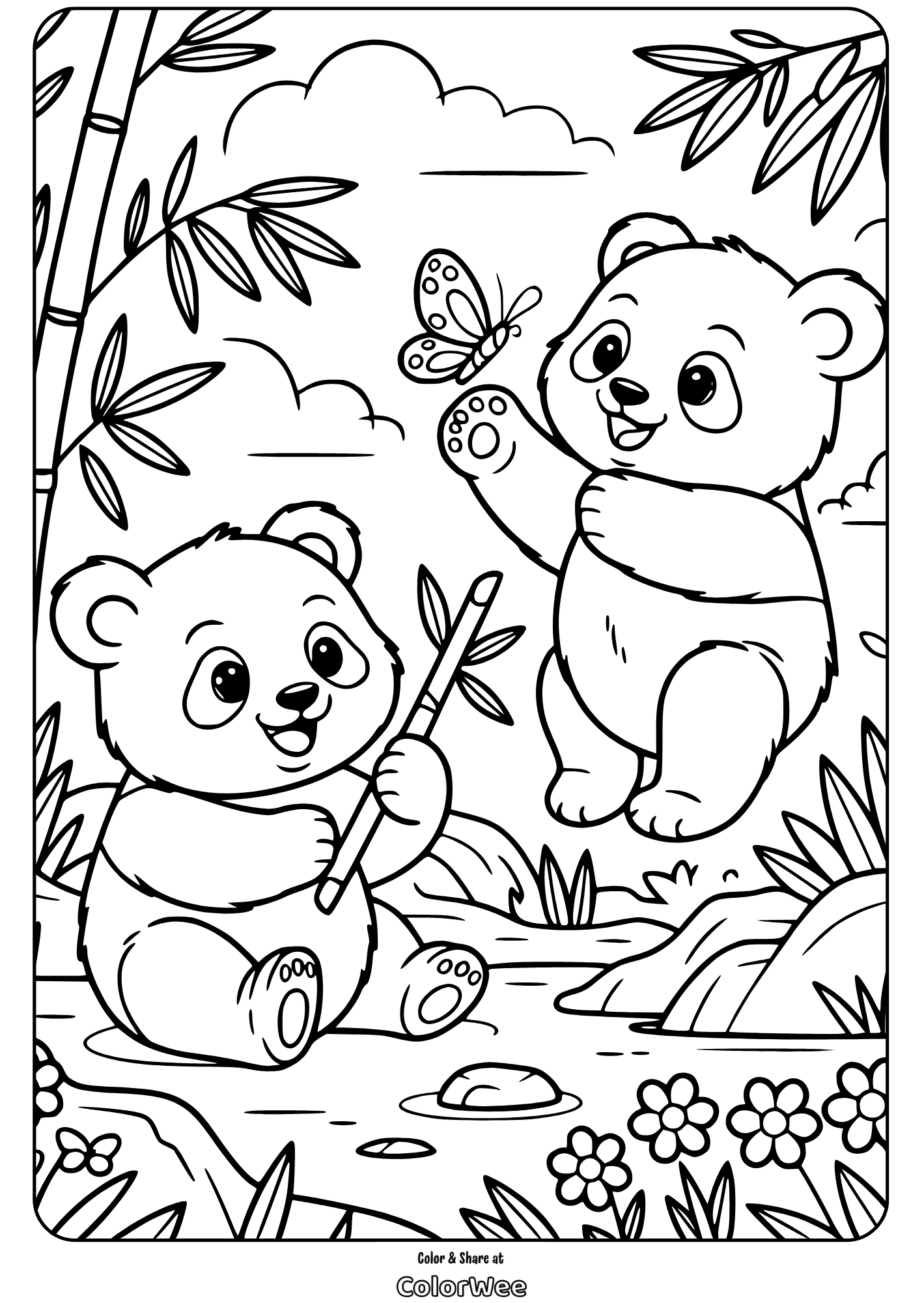 playful pandas with butterfly coloring page Cute bear cubs playing with a butterfly in a forest scene coloring page.