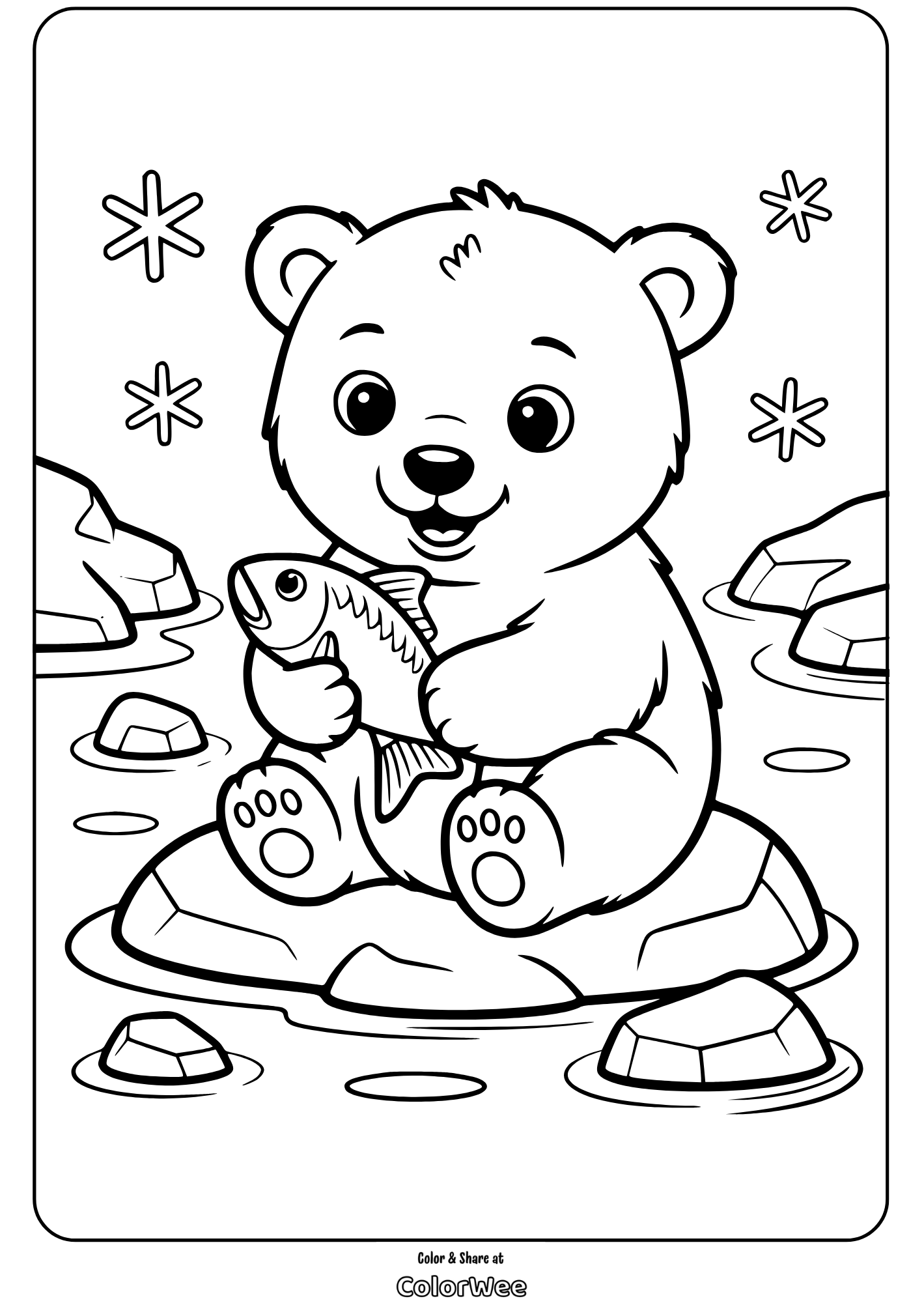 polar bear catching fish coloring page Cute bear on ice floe with fish coloring page.