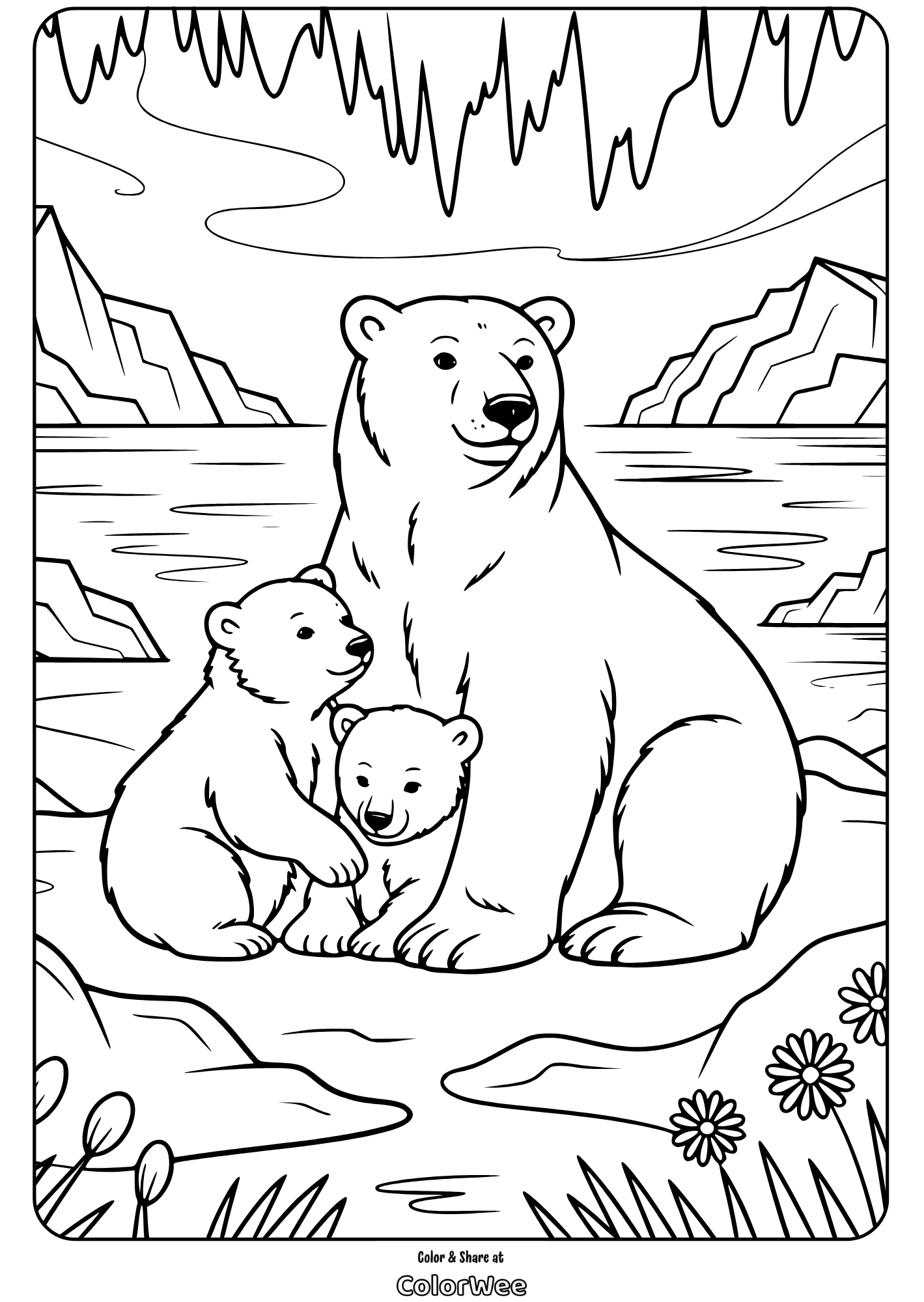 polar bear family in arctic coloring page Polar bear family coloring page by a snowy landscape.