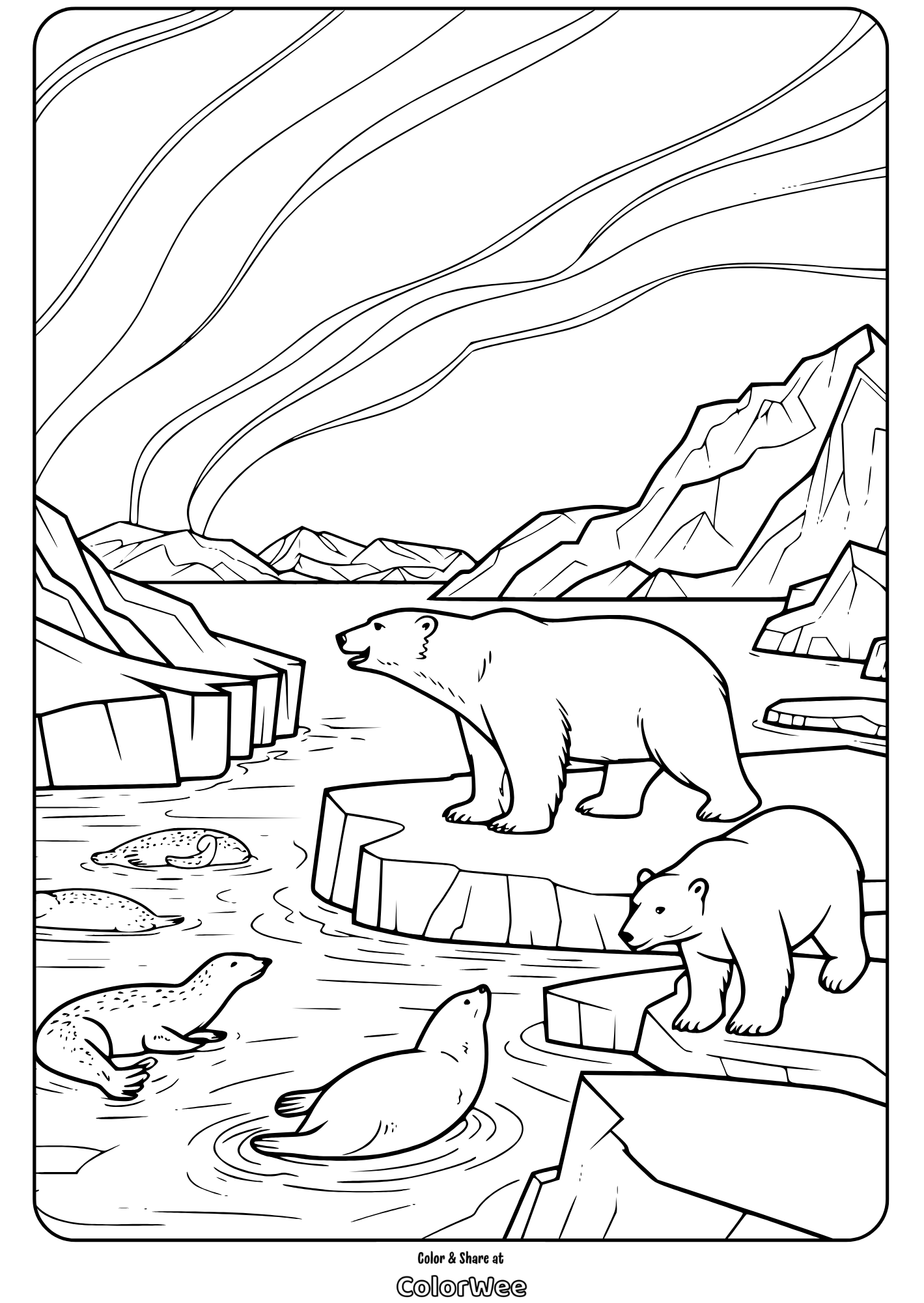 polar bears under northern lights coloring page Polar bears and seals on Arctic ice under the northern lights coloring page.