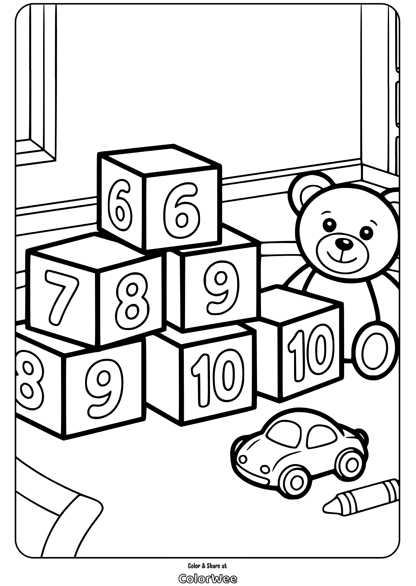 Coloring page with blocks, teddy bear, and toy car for kids.