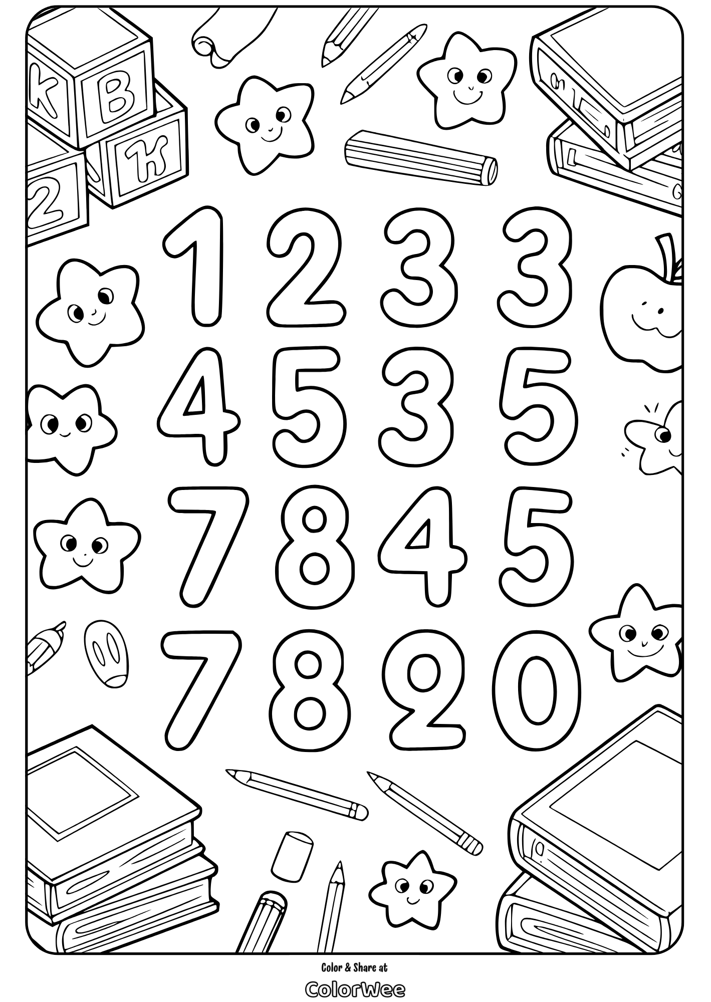 Fun numbers coloring page with stars and school supplies.