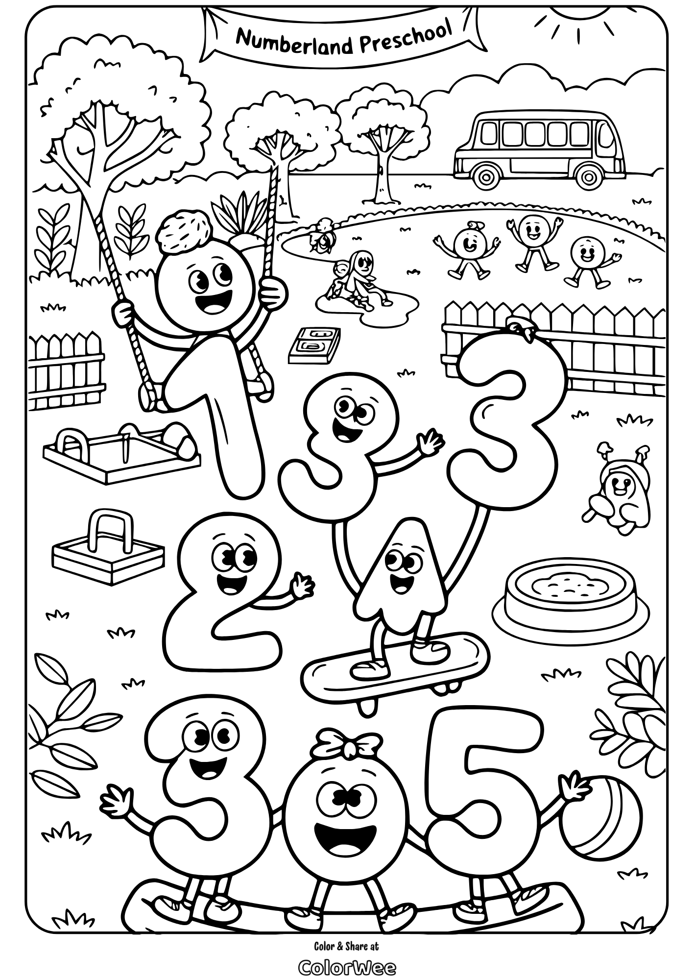 Numbers playing at a preschool-themed coloring page.