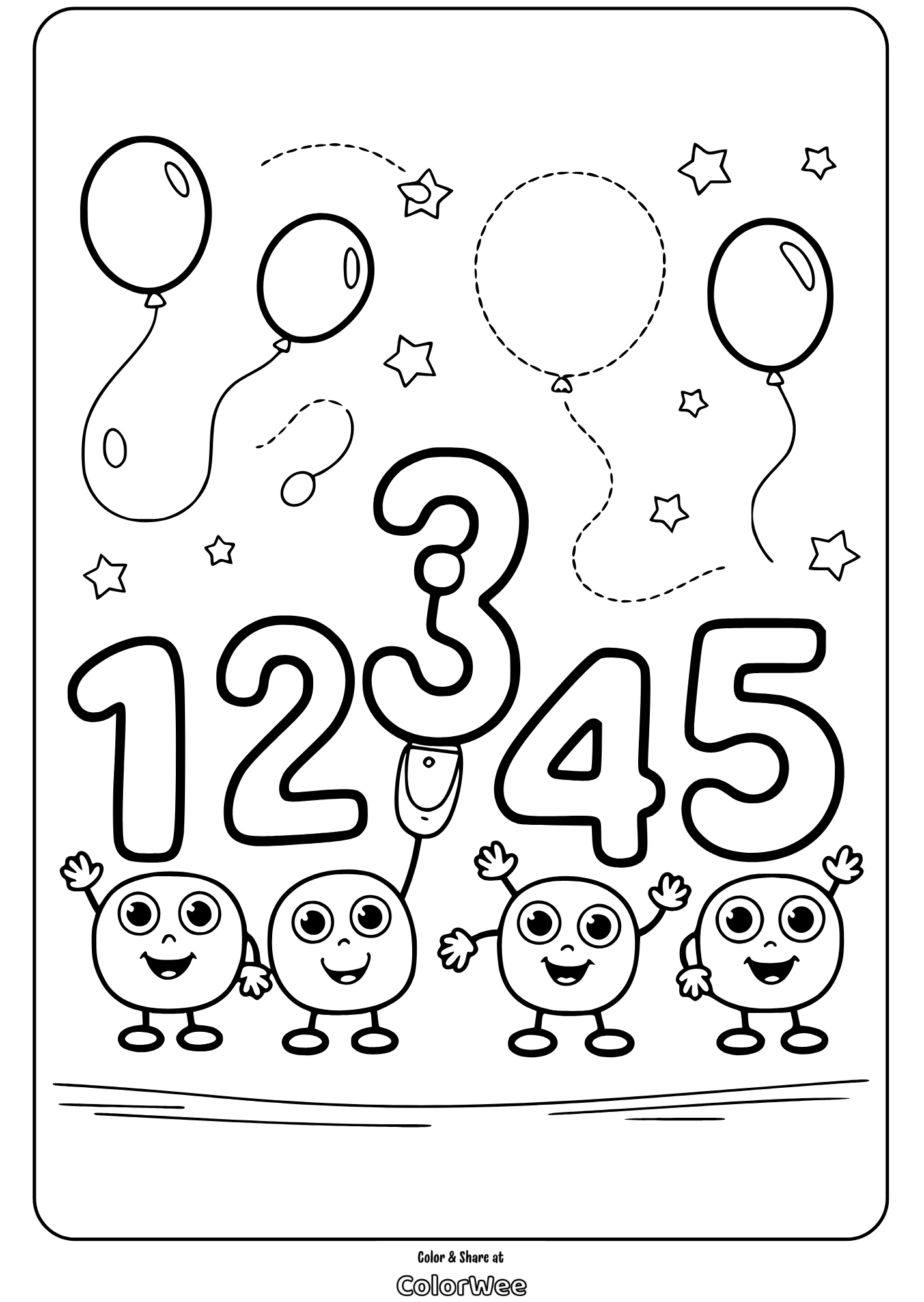 Cute numbers and balloons coloring page for kids.