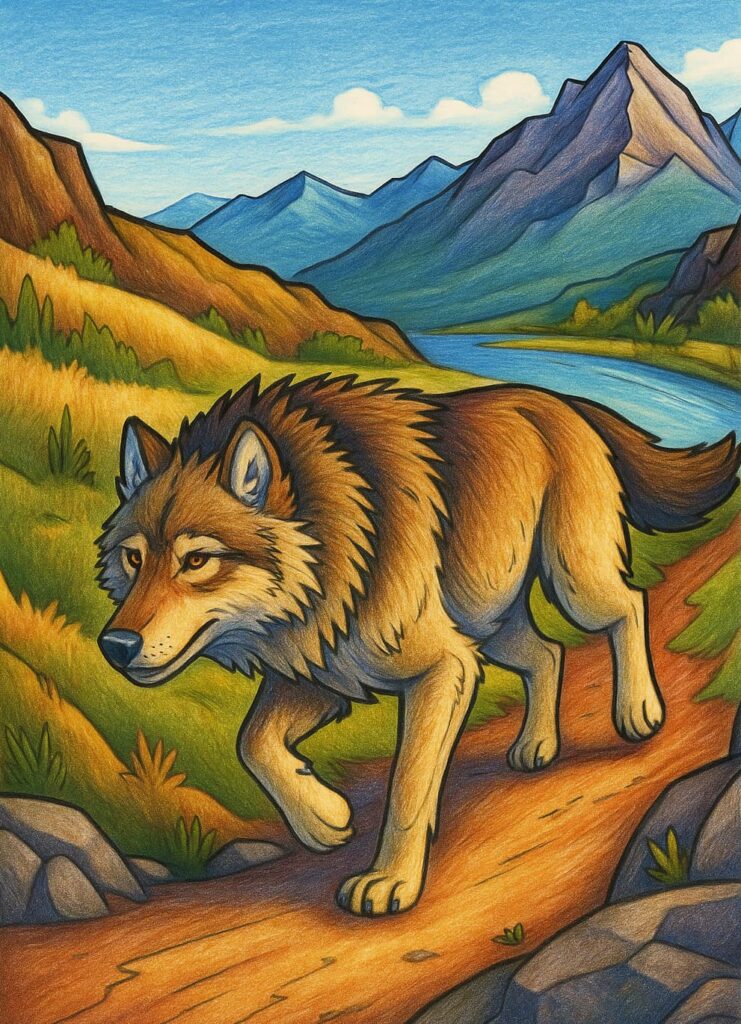 professional colored wolf Wolf coloring page with mountain landscape and river.