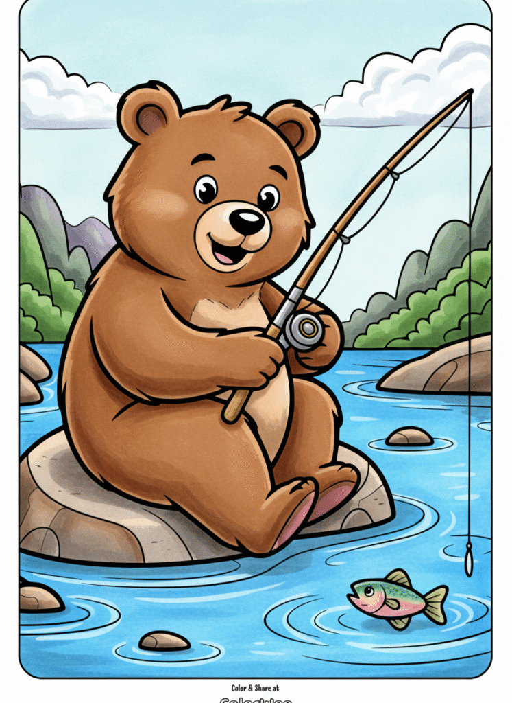 professional coloring Bear fishing by a river coloring page for kids.