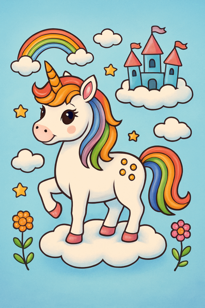 Coloring page of a unicorn with a rainbow mane and a fairytale castle.
