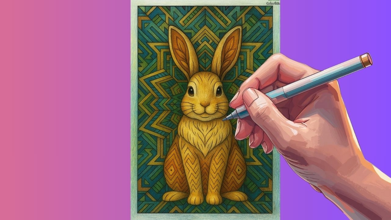 Coloring page of a detailed rabbit with geometric background.