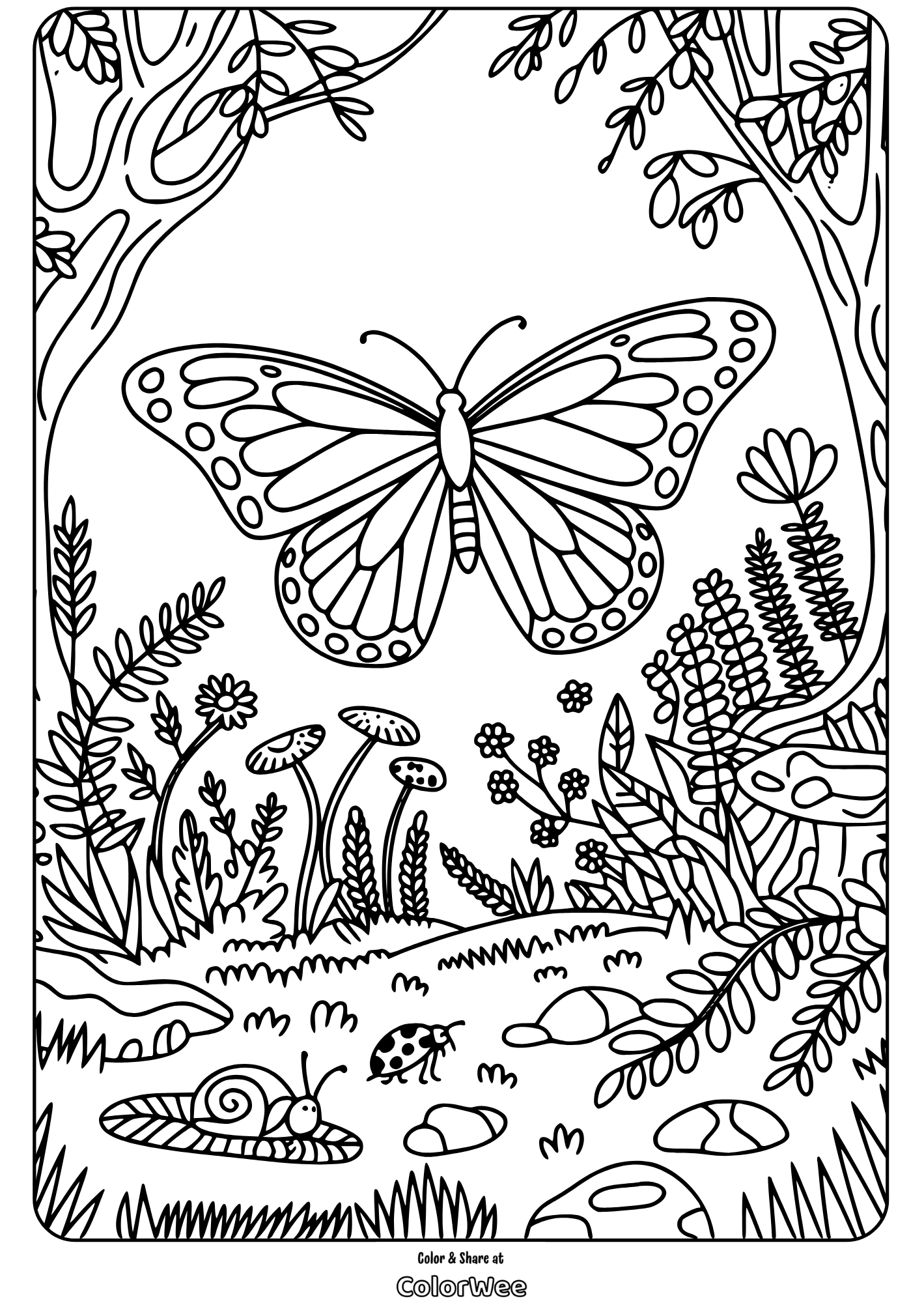 Butterfly and nature scene coloring page with trees and insects.