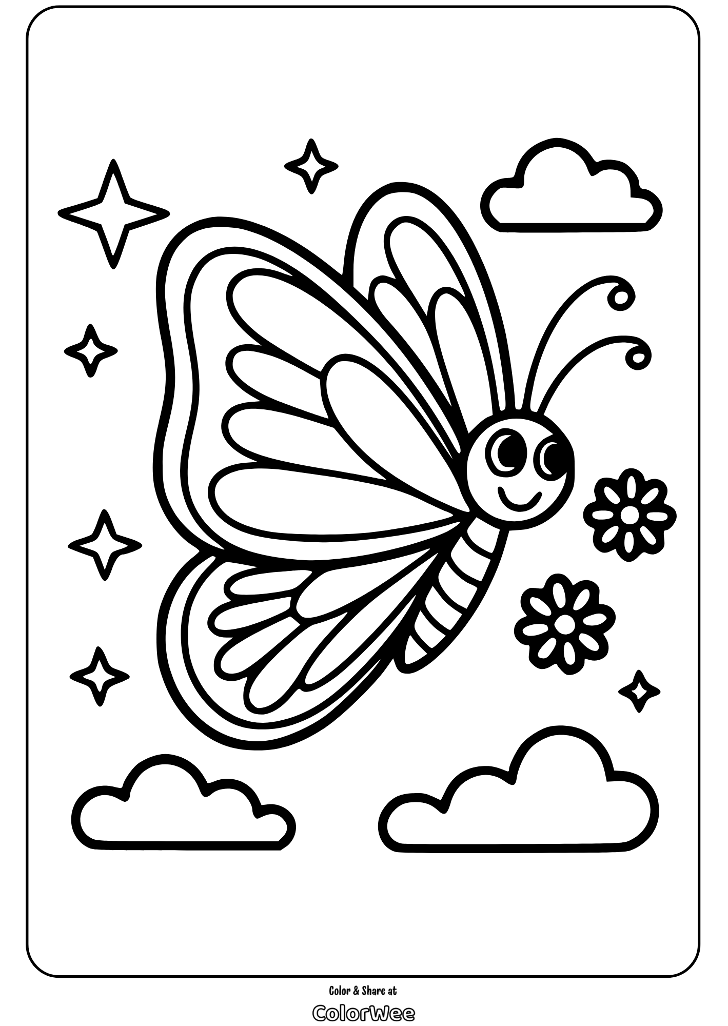 Happy butterfly coloring page with stars and clouds.