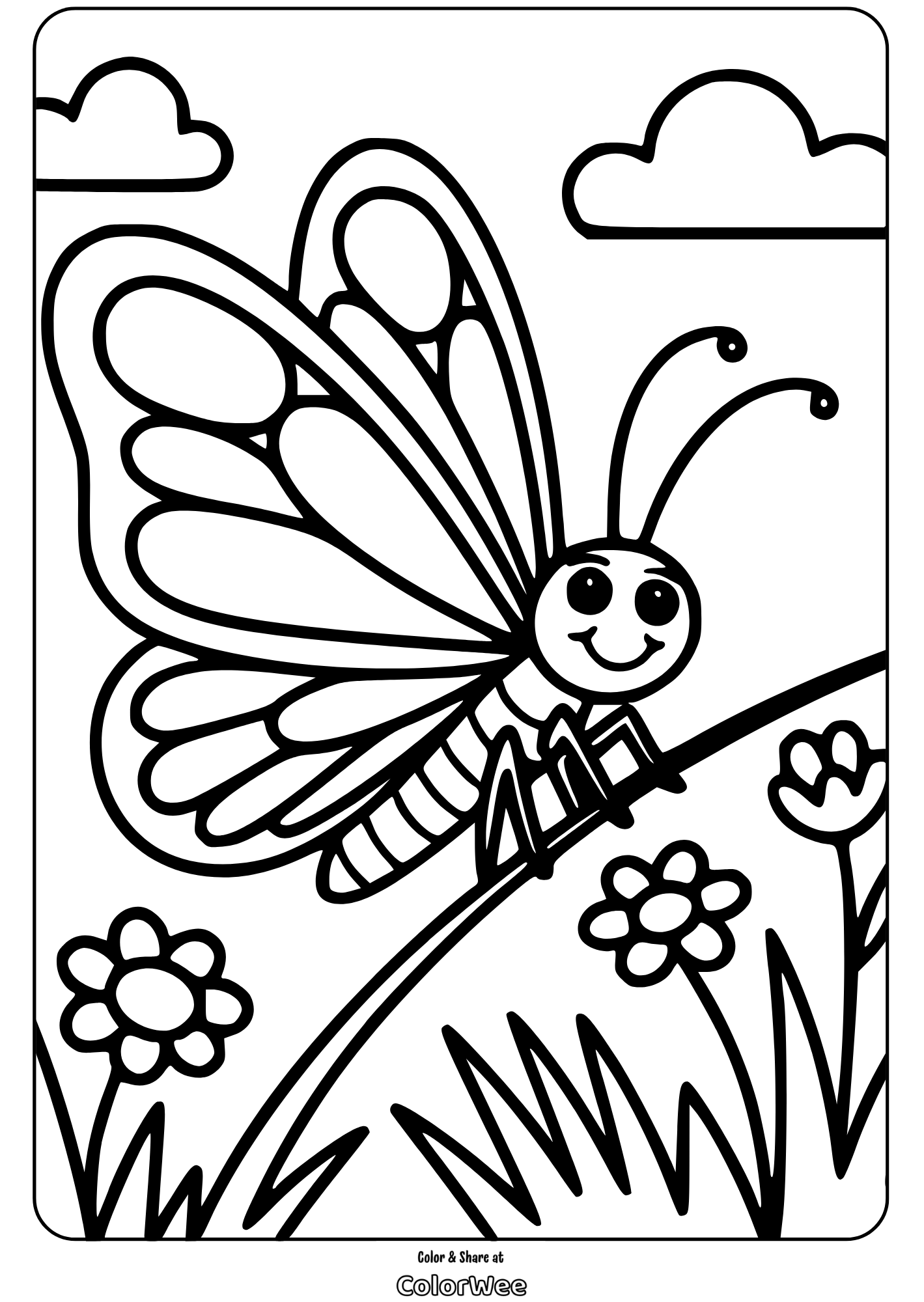 Smiling butterfly on a hill coloring page with flowers and clouds.