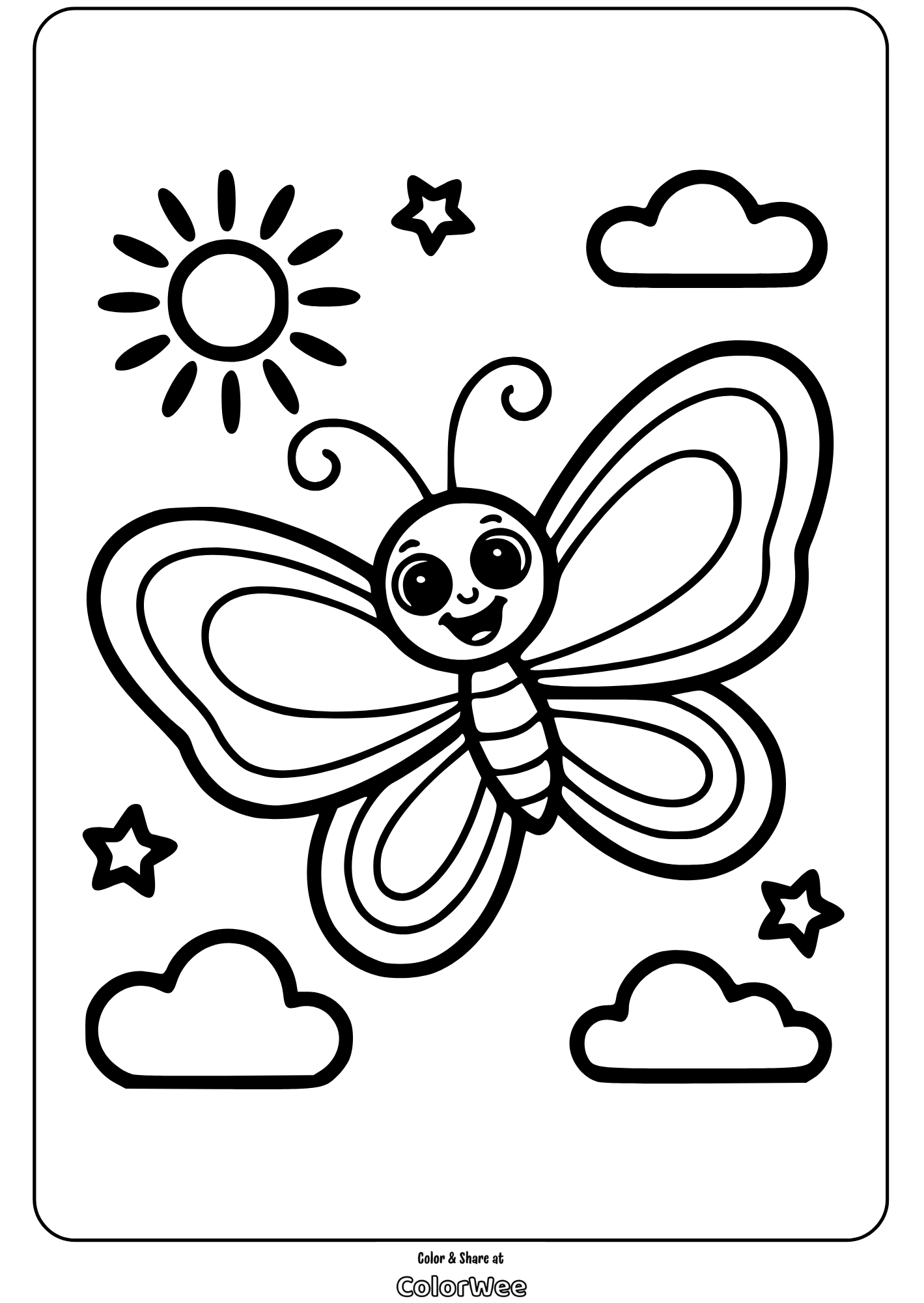Smiling butterfly coloring page with sun and clouds.