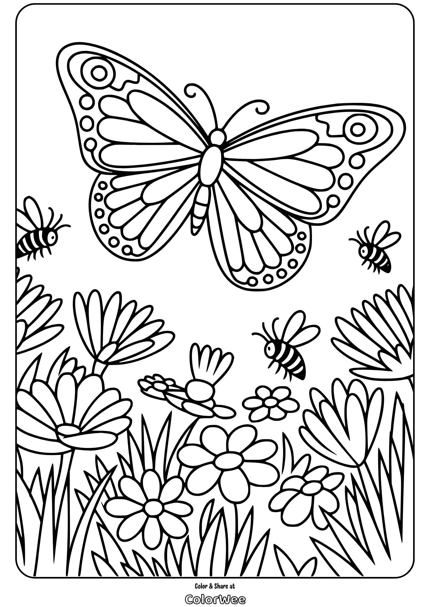 Butterfly and bees in a garden coloring page for kids.