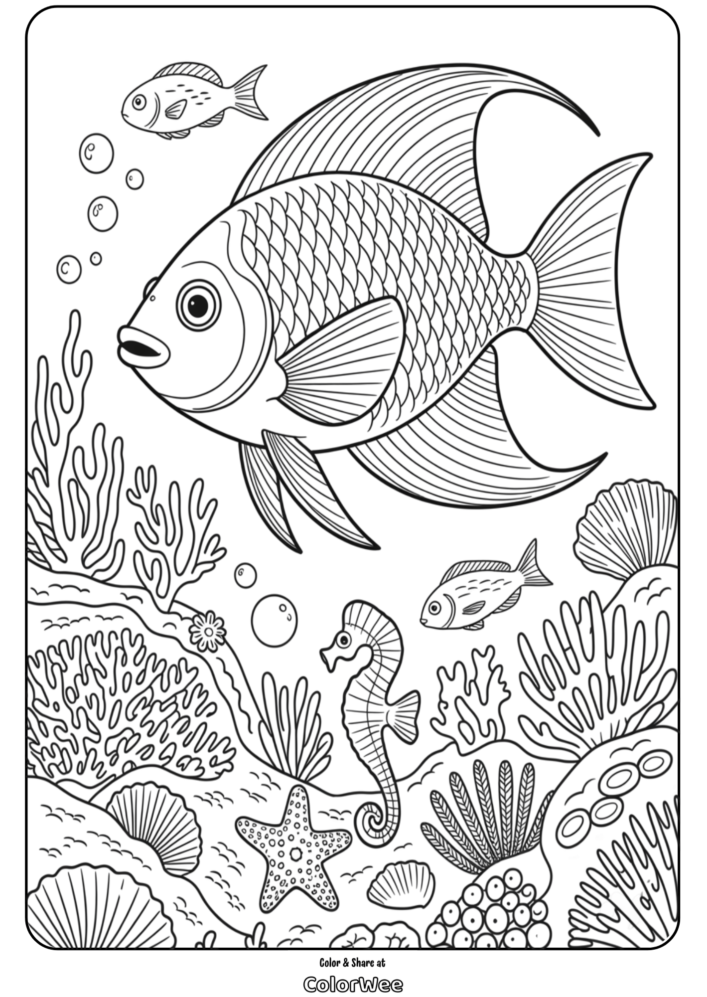 Underwater coloring page with fish and coral reef scene
