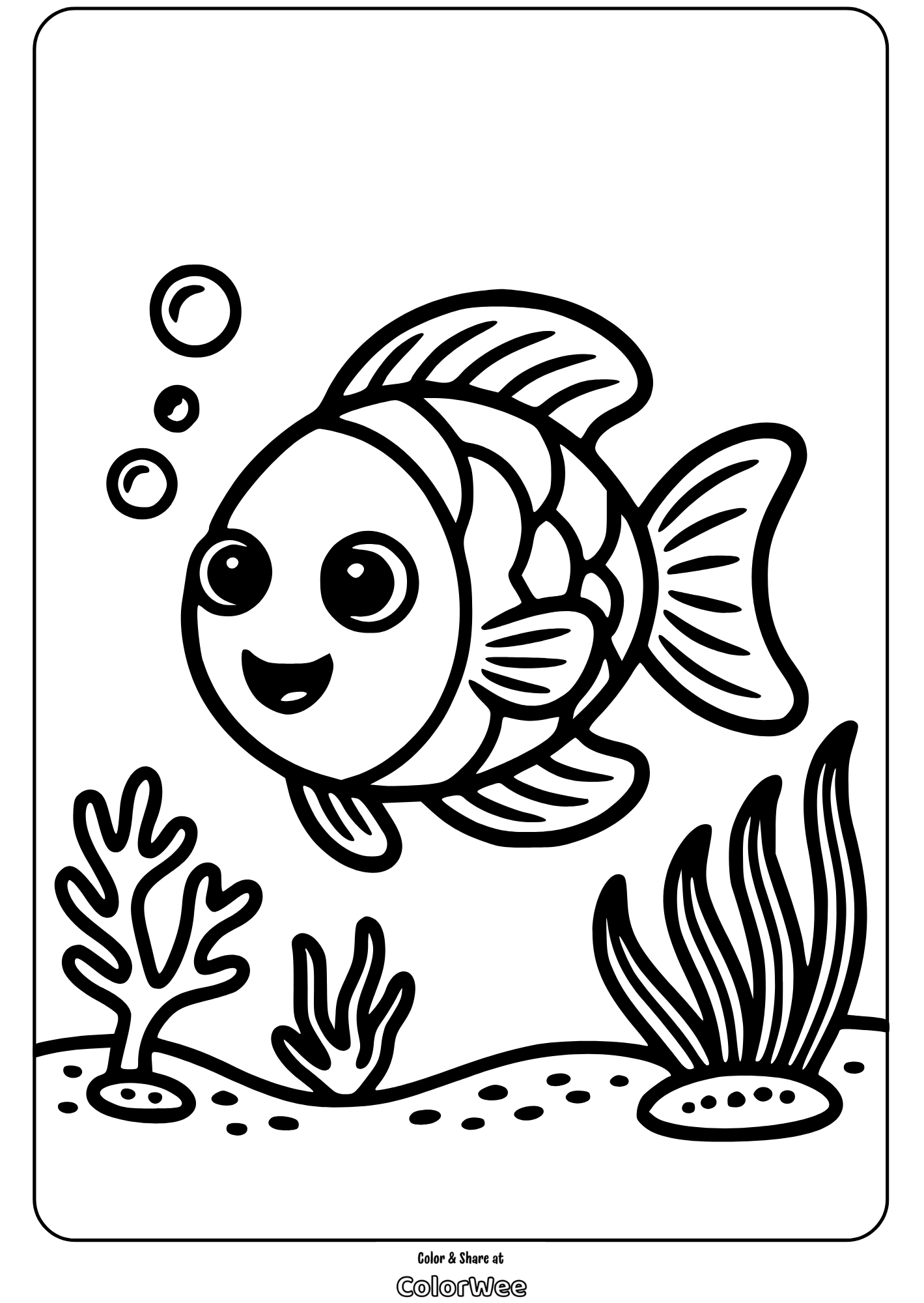 Cute fish coloring page with sea plants and bubbles.