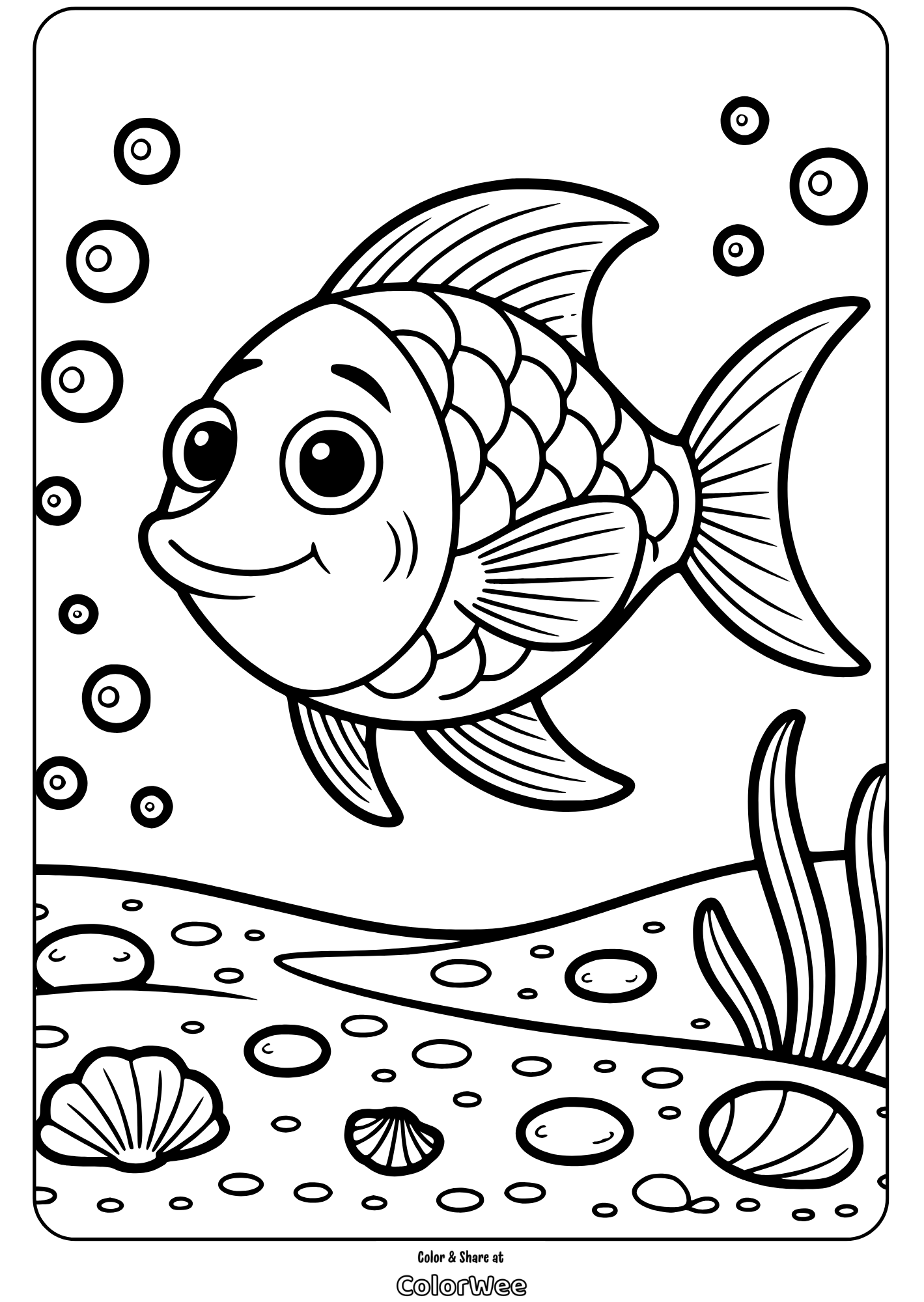 Cheerful fish coloring page with bubbles and underwater scene.