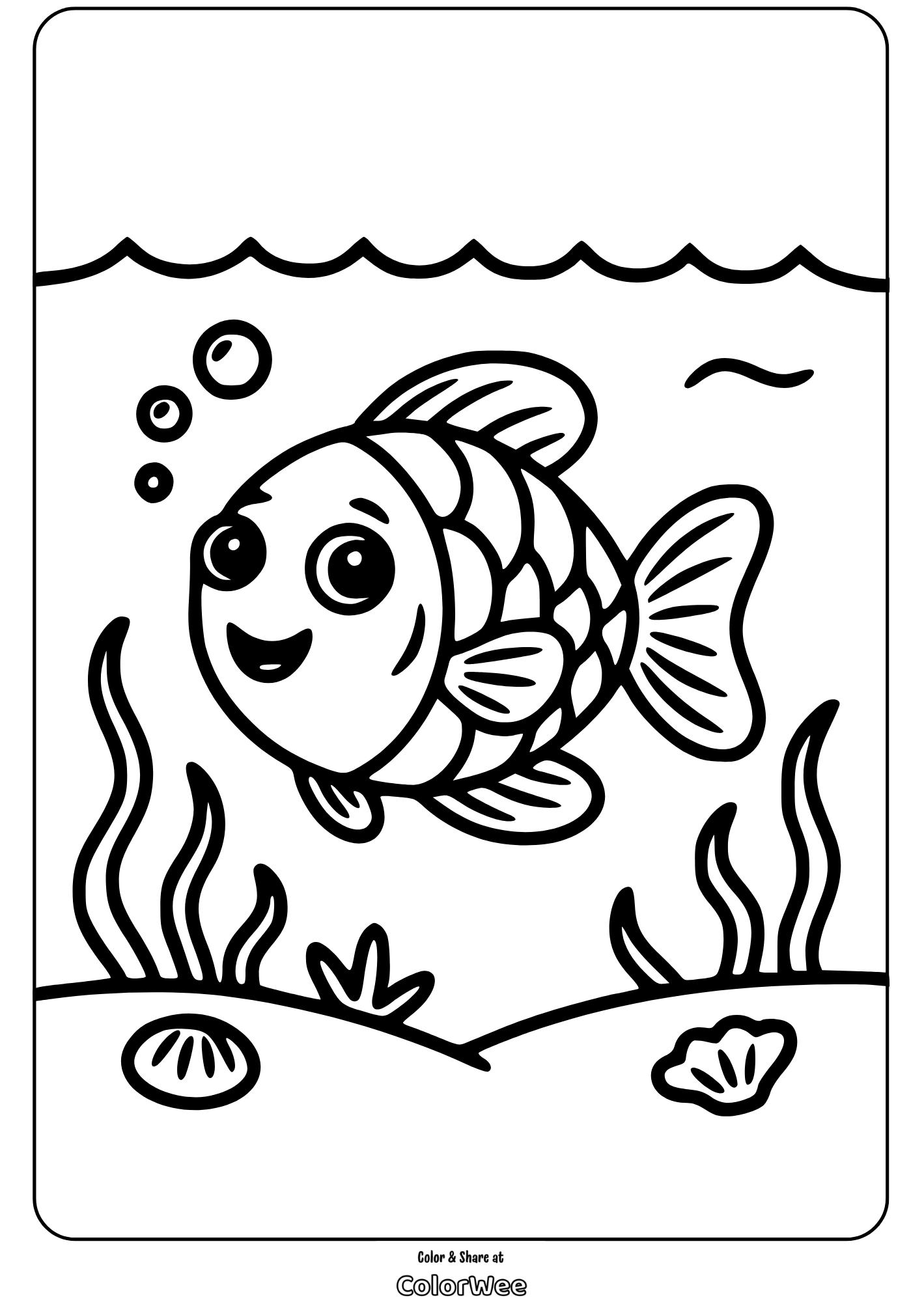 Happy fish coloring page with bubbles and underwater plants.