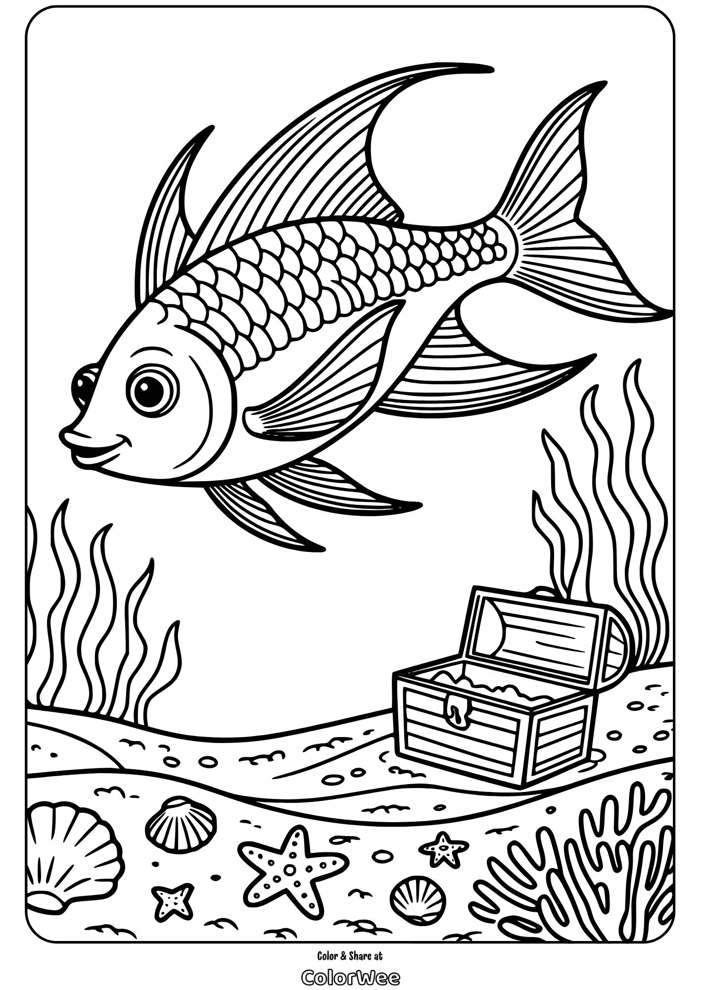 Coloring page: Fish with treasure chest, underwater scene for kids.