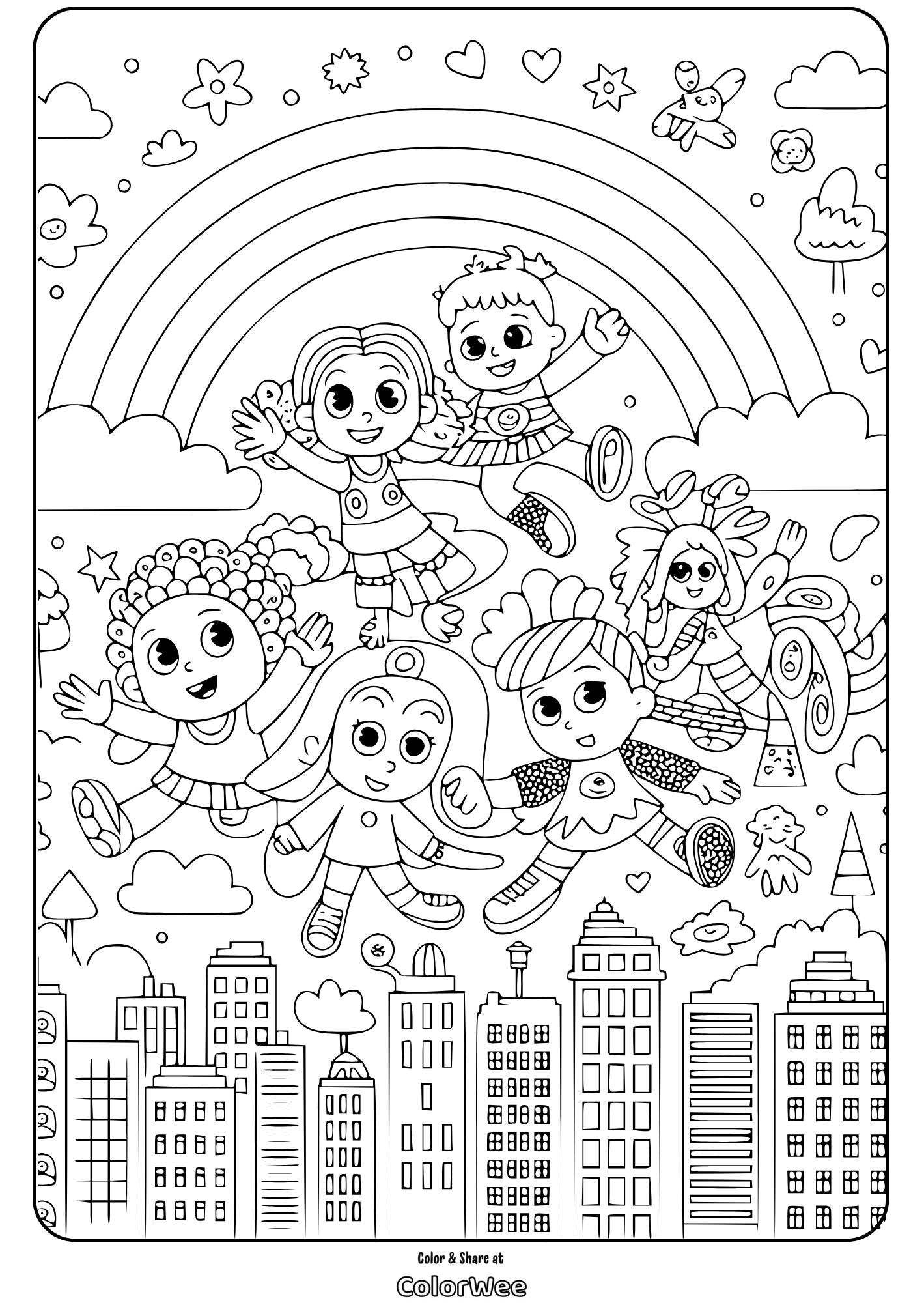 Children flying over a cityscape with rainbow and clouds coloring page.