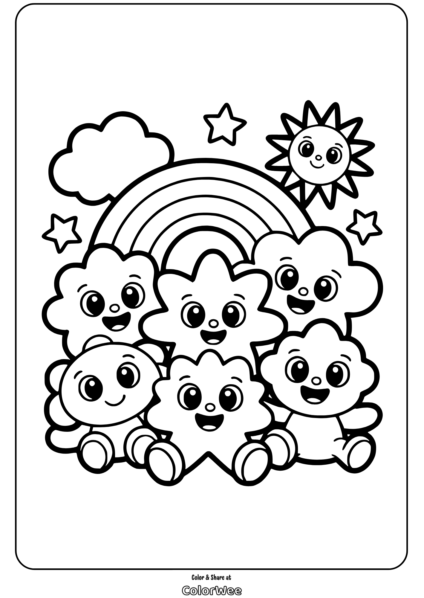 Cute cloud friends with rainbow and sun coloring page.