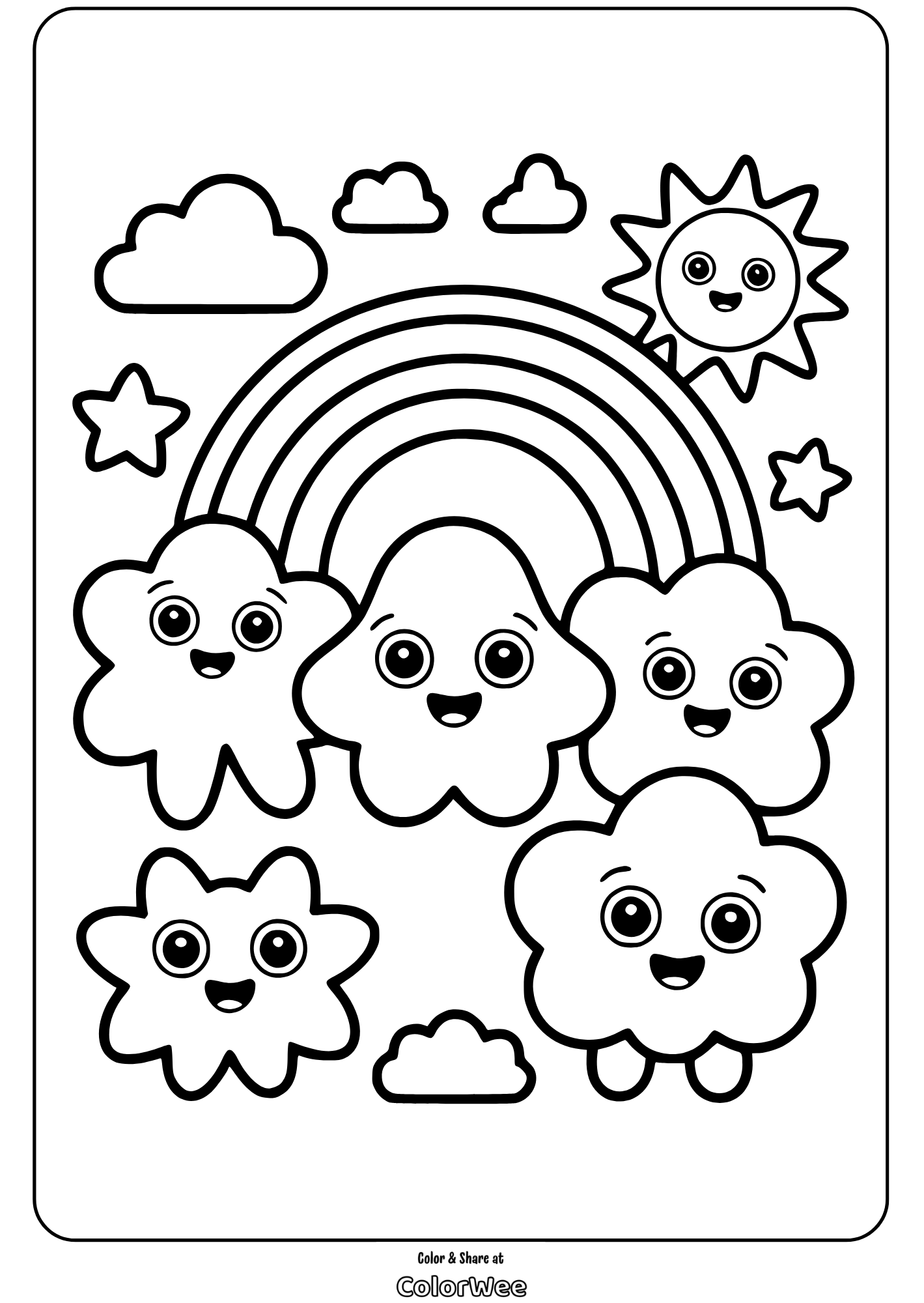 Cute rainbow with smiling clouds and sun coloring page.