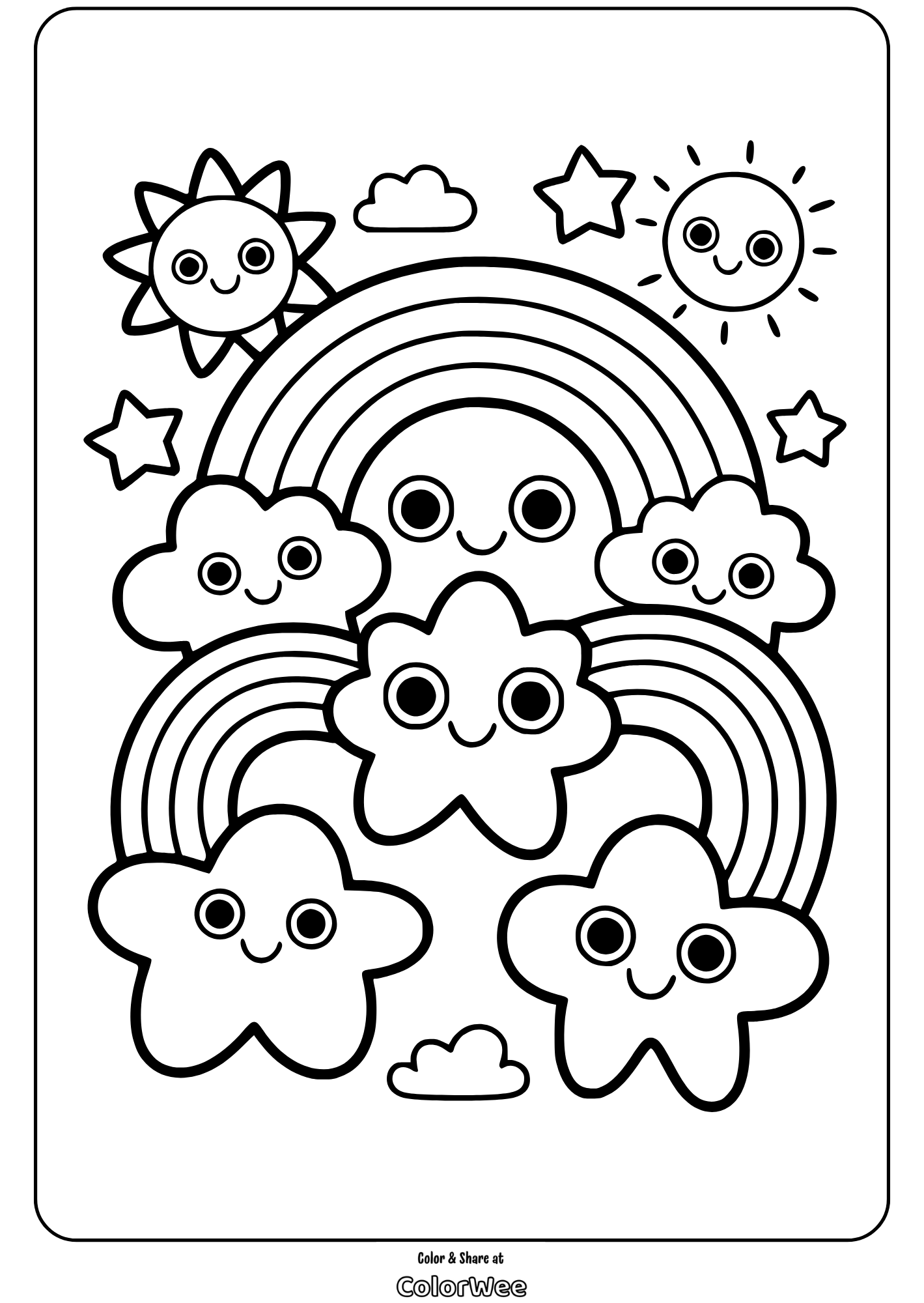 Rainbow, clouds, and sun coloring page for kids.