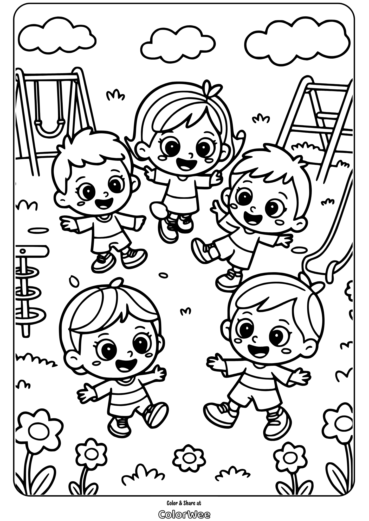 Kids playing at a park coloring page