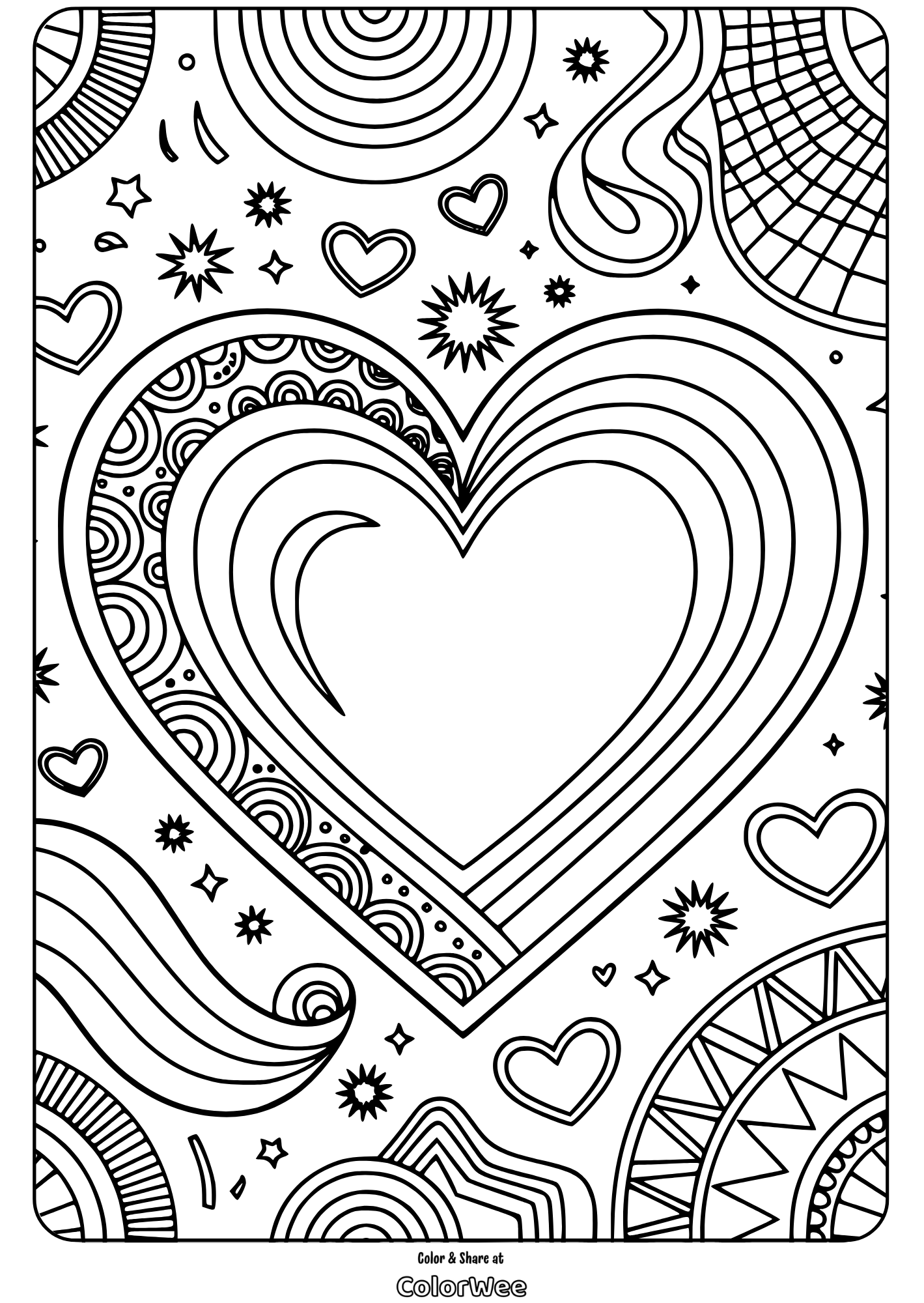 Heart-themed coloring page with intricate patterns and shapes.