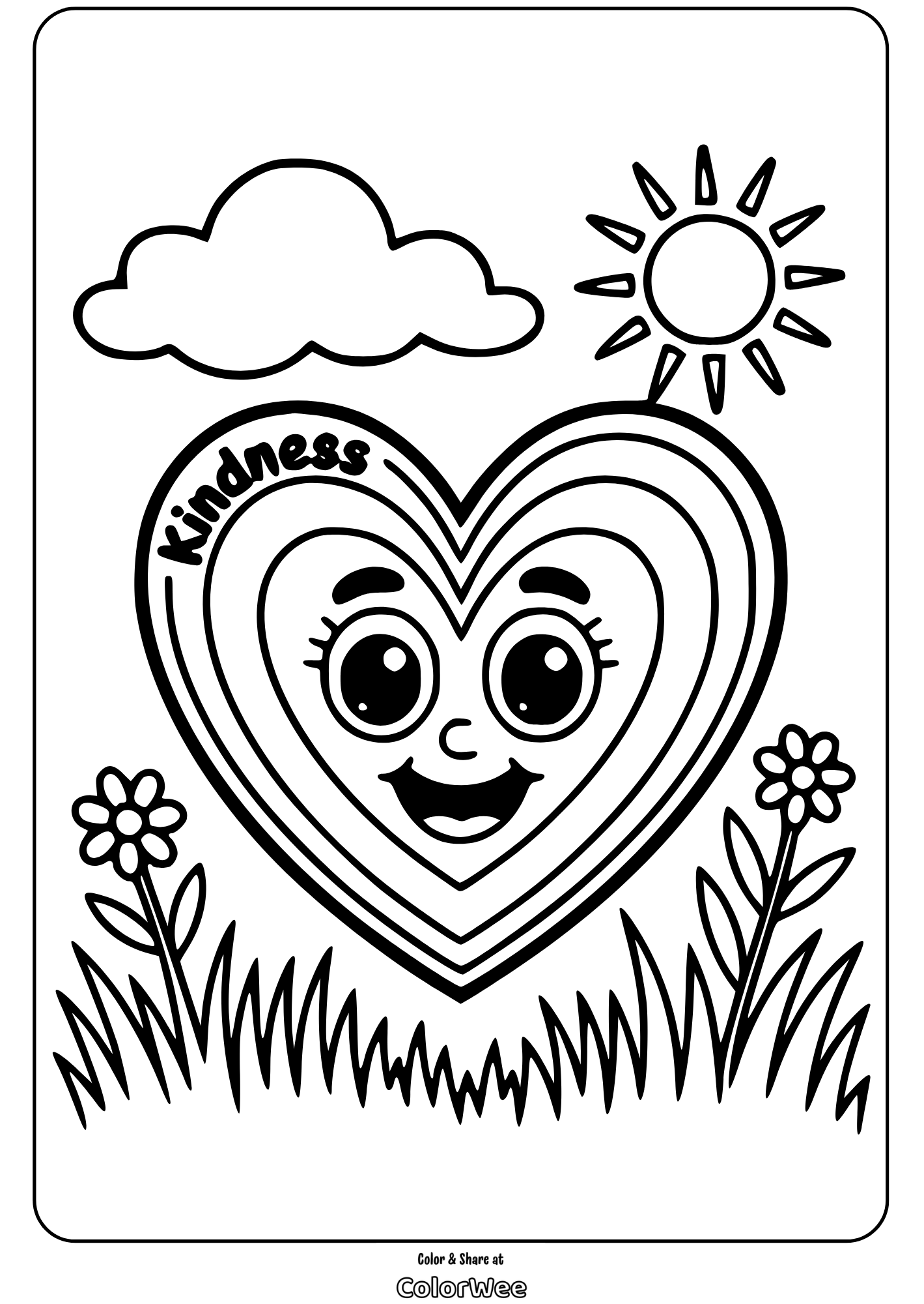 Smiling heart with Kindness, sun, cloud, and flowers coloring page.