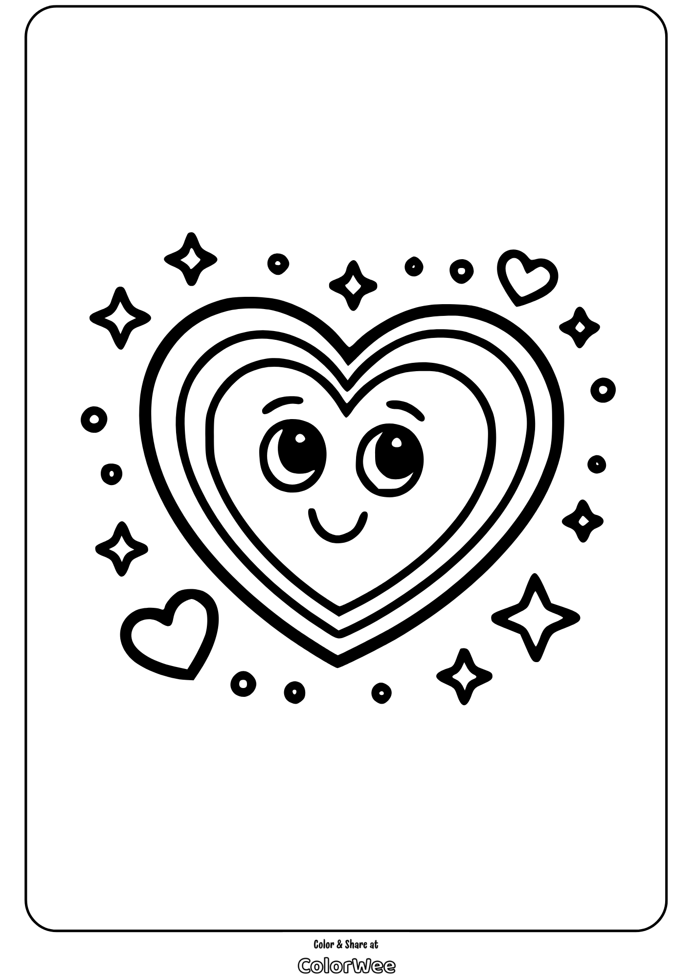 Cute smiling heart with stars coloring page for kids.