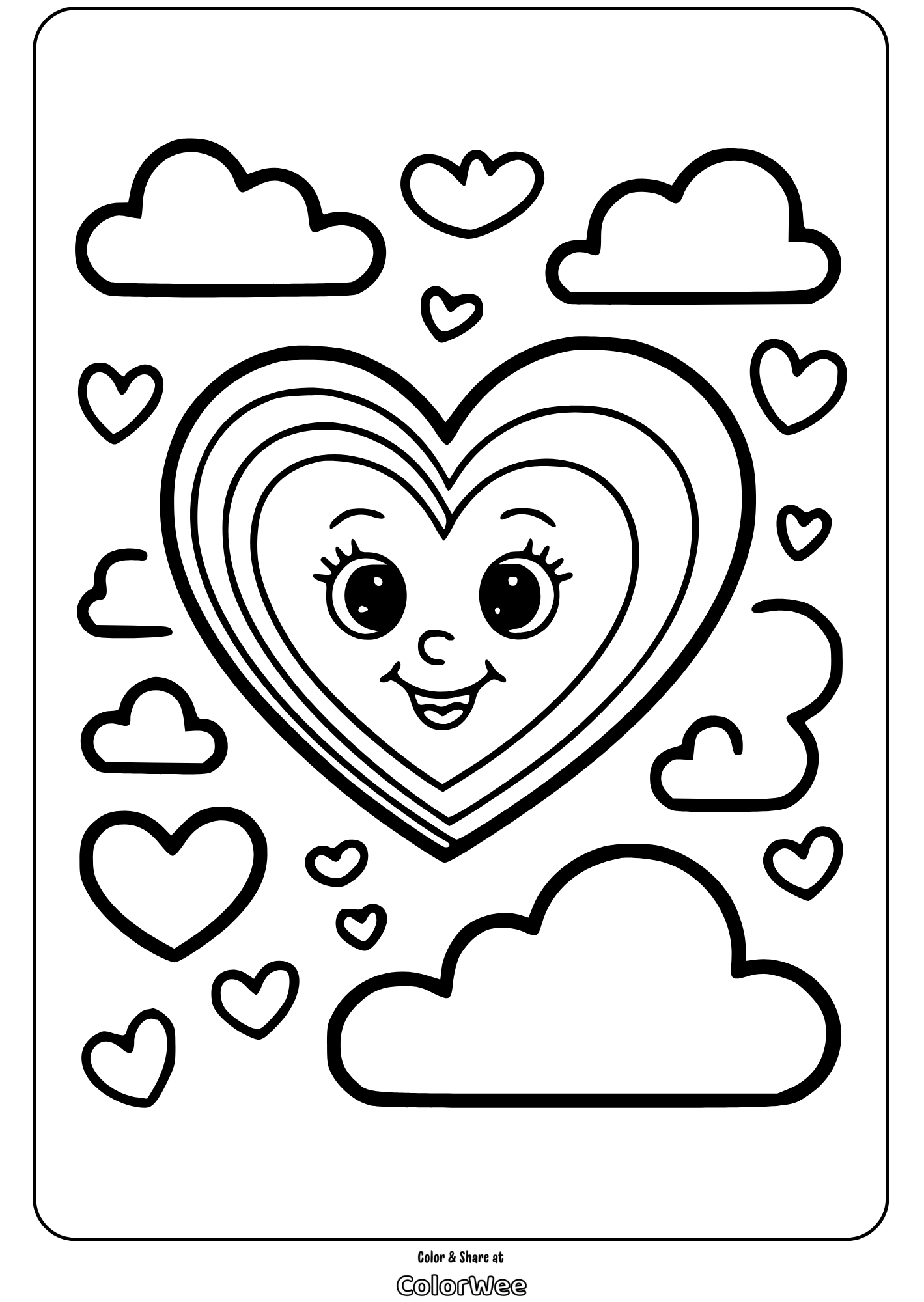 Cute heart with a face, surrounded by clouds and smaller hearts coloring page.