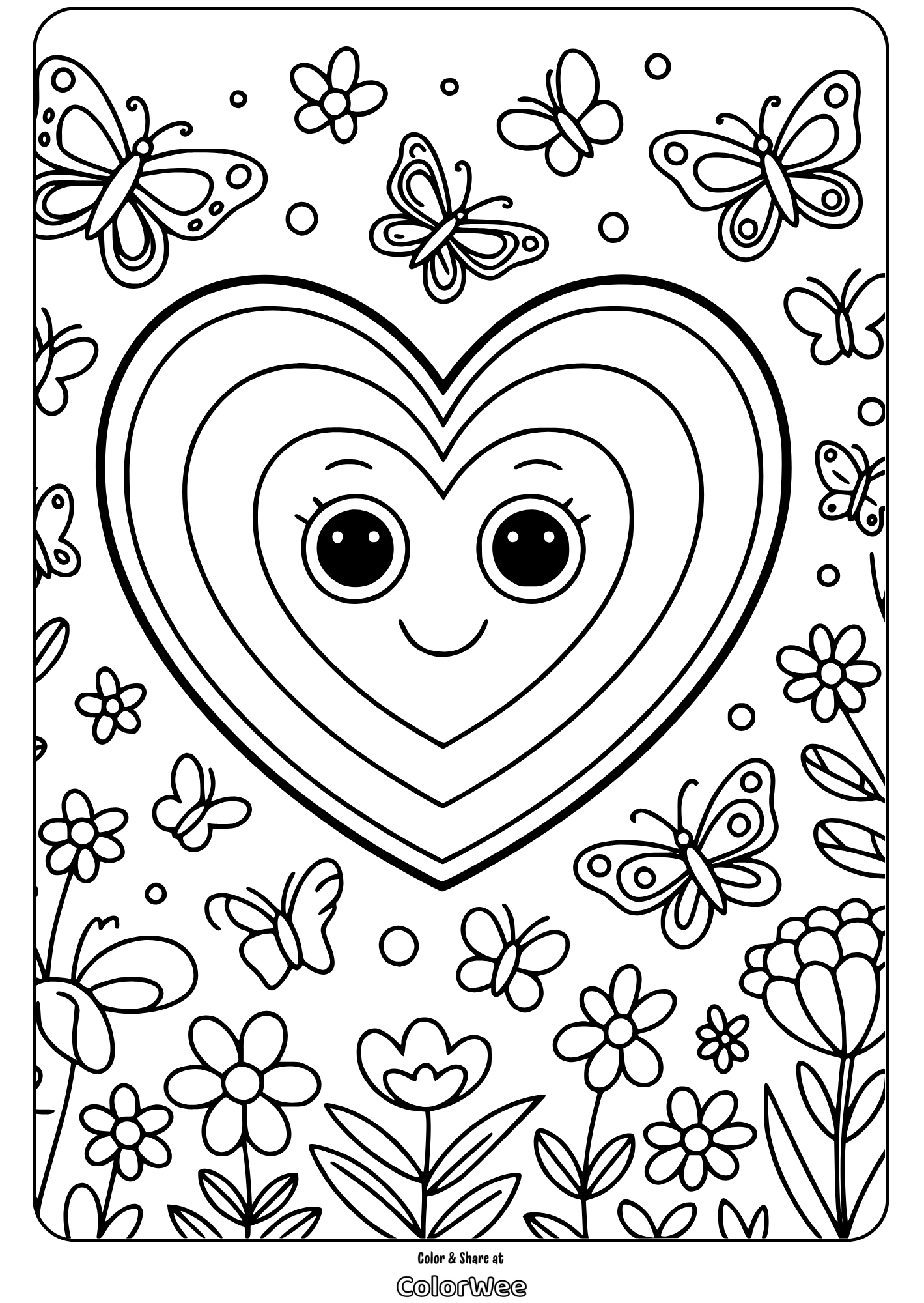 Heart with a smile, butterflies, and flowers coloring page.