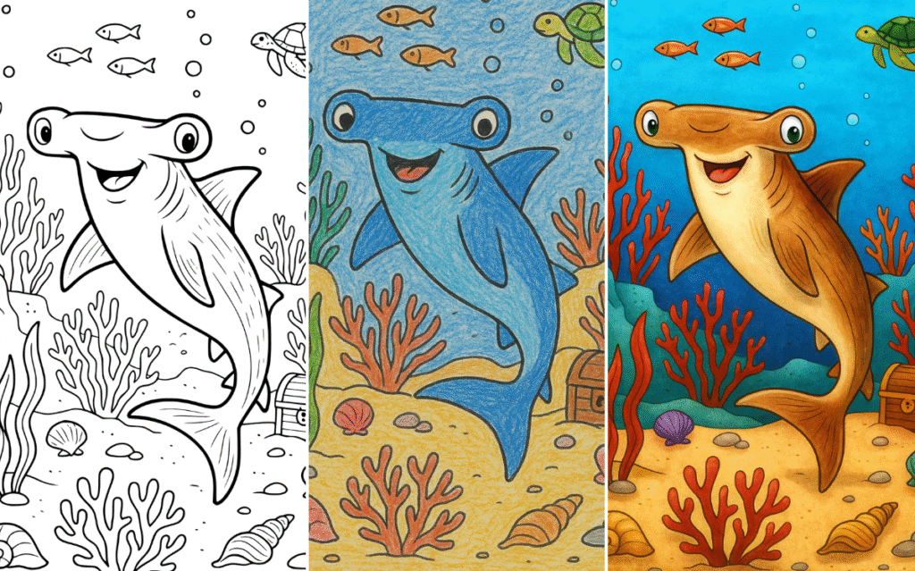 shark coloring featured image Smiling hammerhead shark coloring page with fish and coral reef.