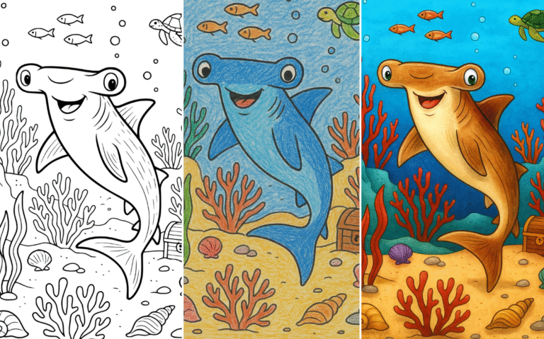 shark coloring featured image Smiling hammerhead shark coloring page with fish and coral reef.