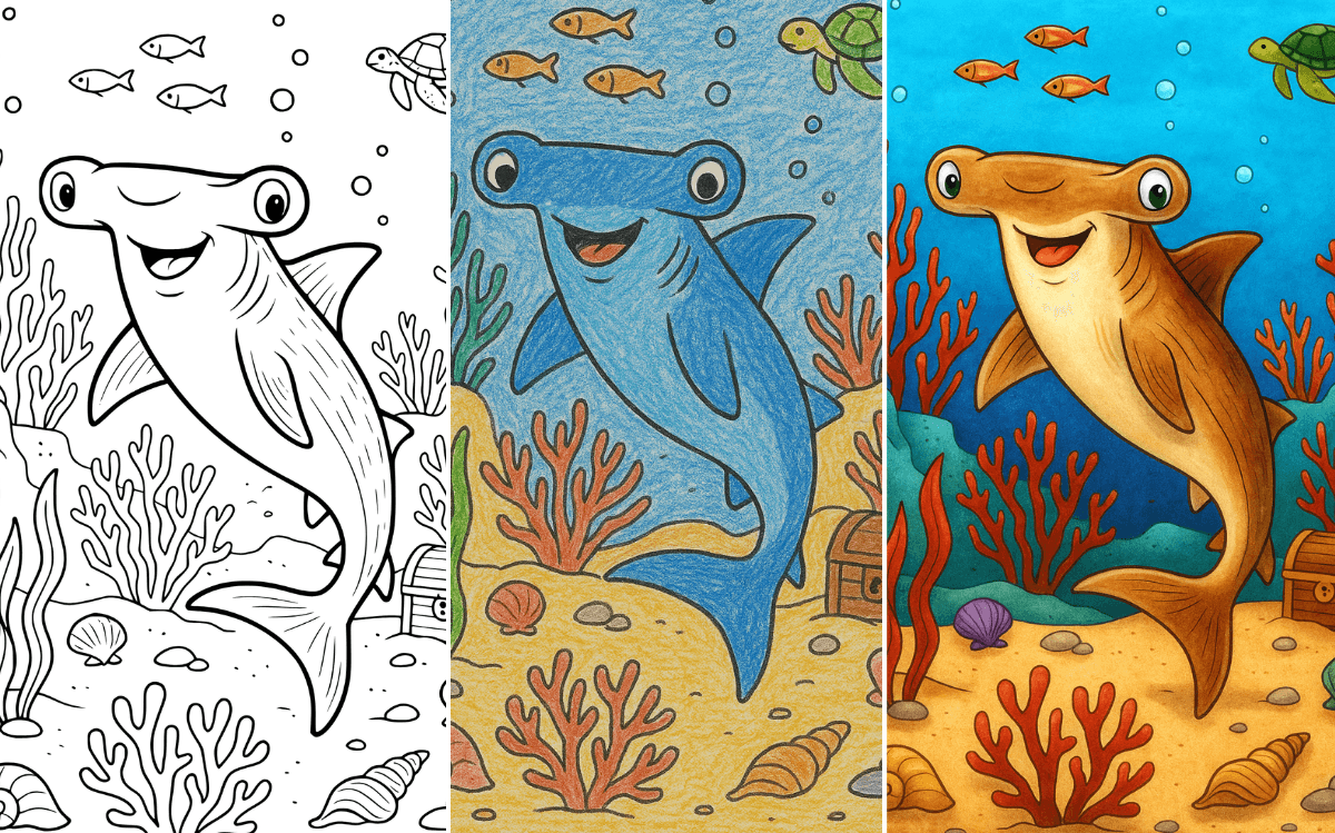 shark coloring featured image Smiling hammerhead shark coloring page with fish and coral reef.