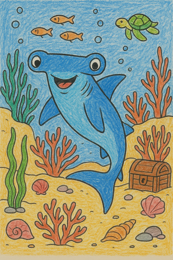 shark hand coloring Coloring page with smiling hammerhead shark and sea creatures.