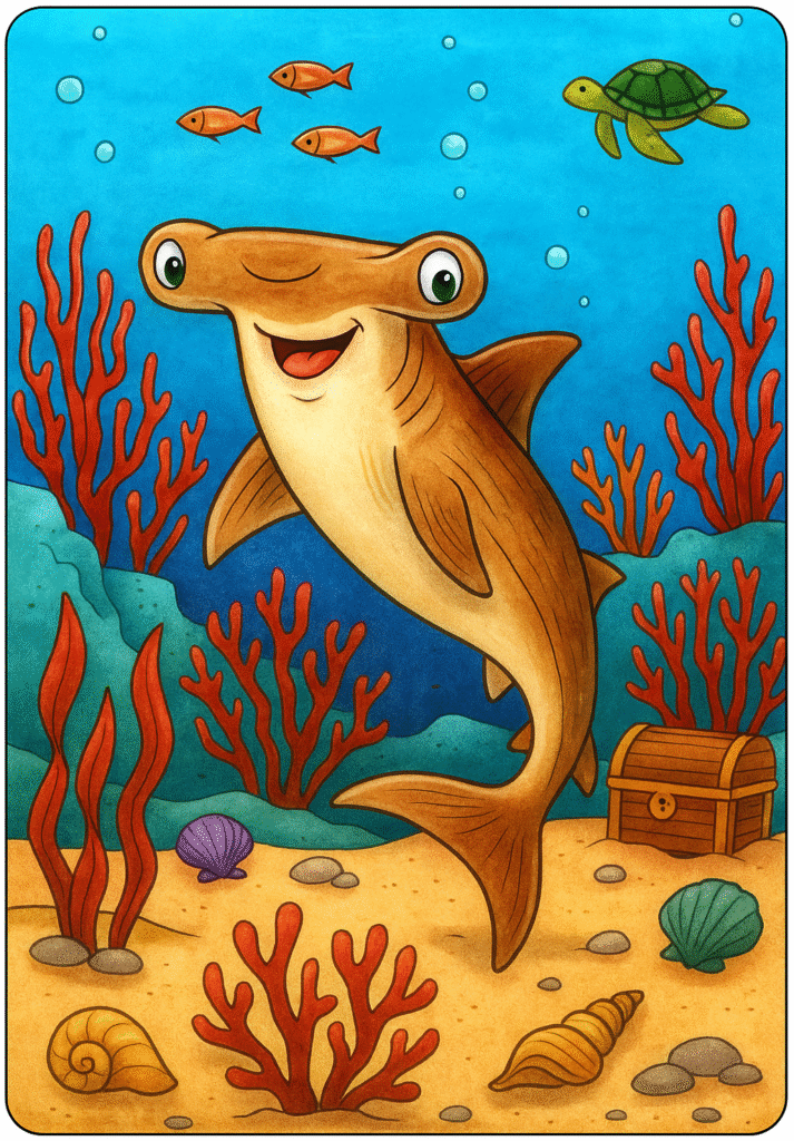 shark professional coloring e1760444599997 Smiling hammerhead shark with ocean friends coloring page.