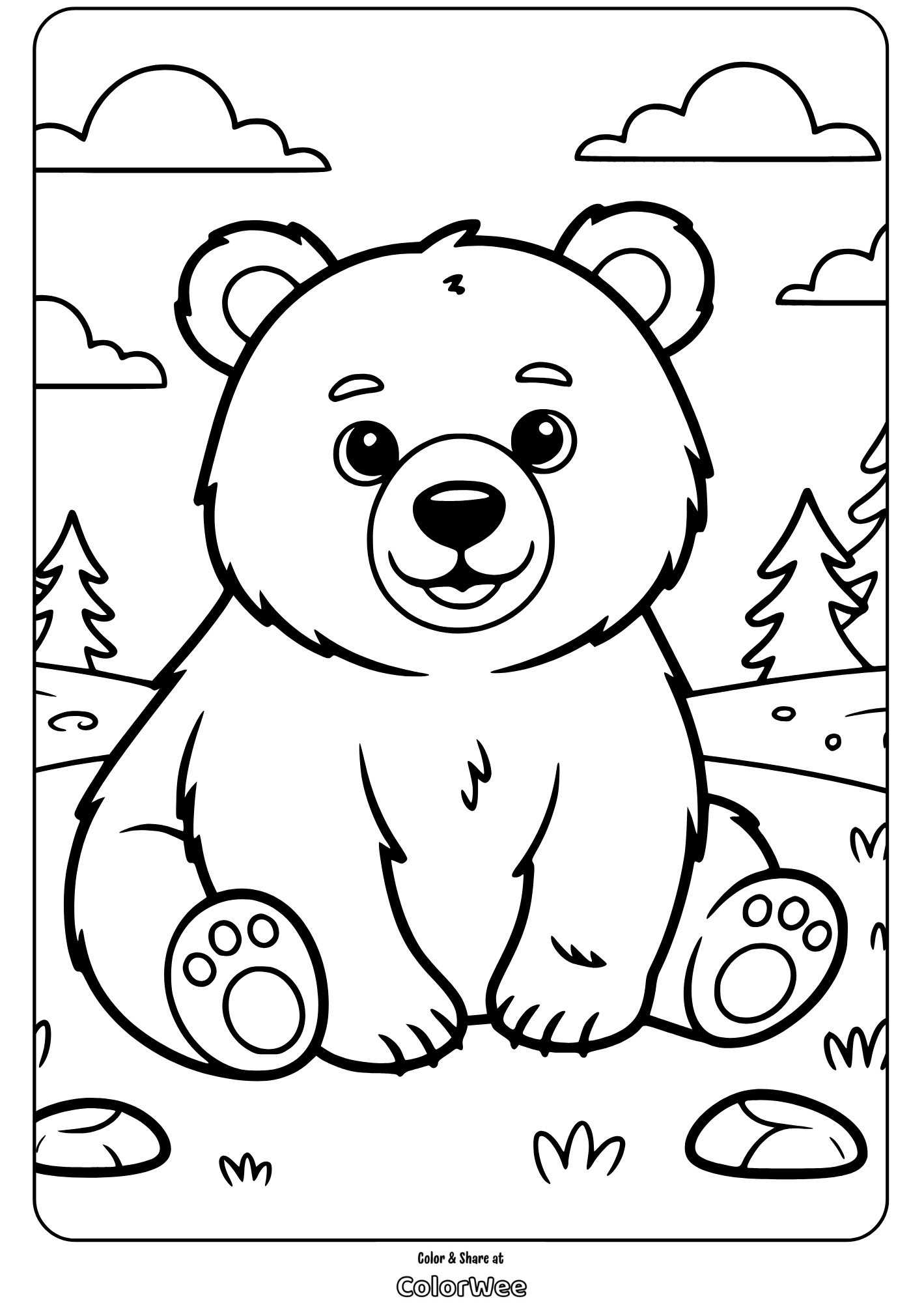 sitting bear coloring page Cute bear coloring page for kids with trees and clouds in the background.