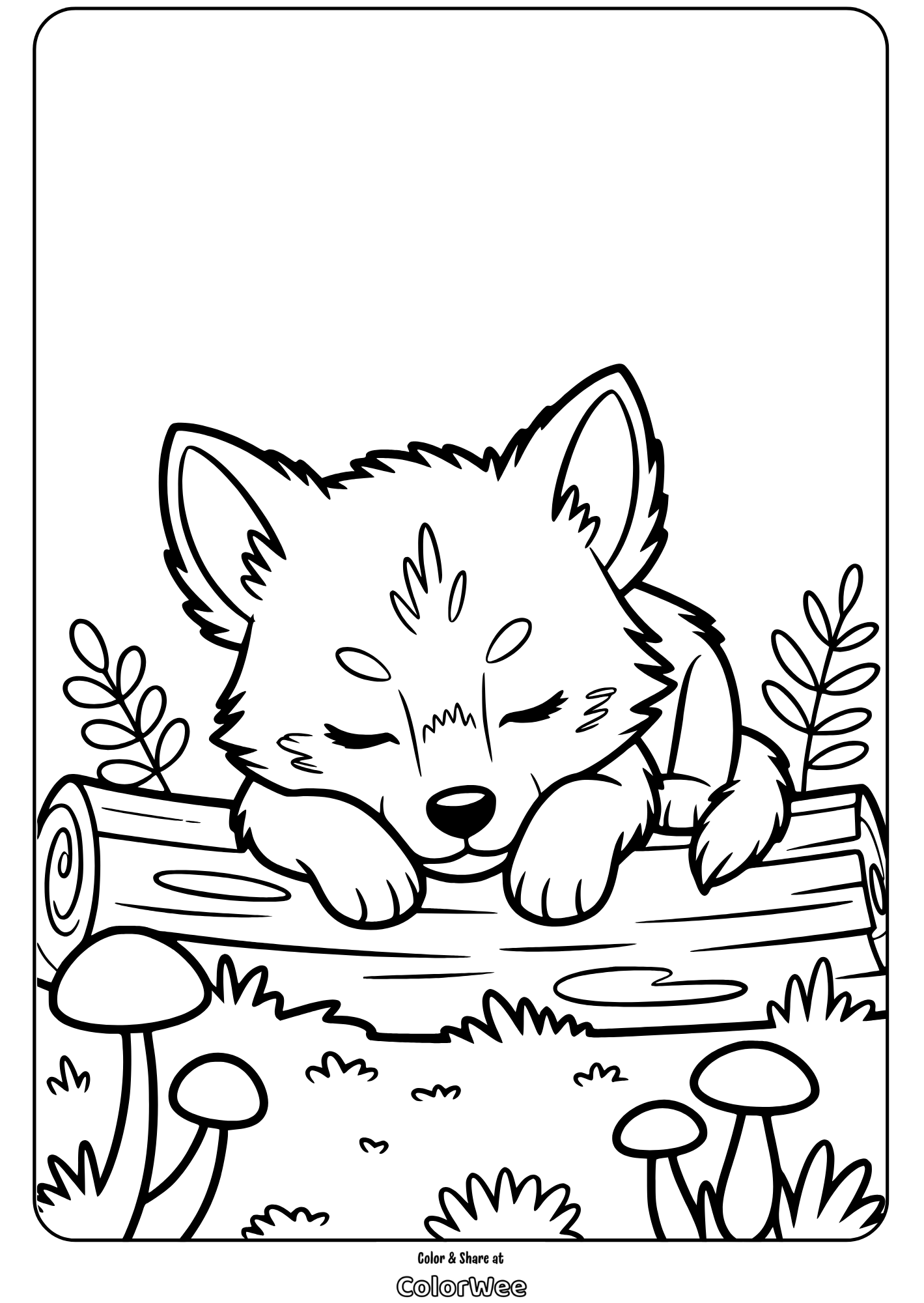 sleeping baby wolf pup on a log coloring page Cute sleeping fox on a log coloring page with mushrooms and plants.