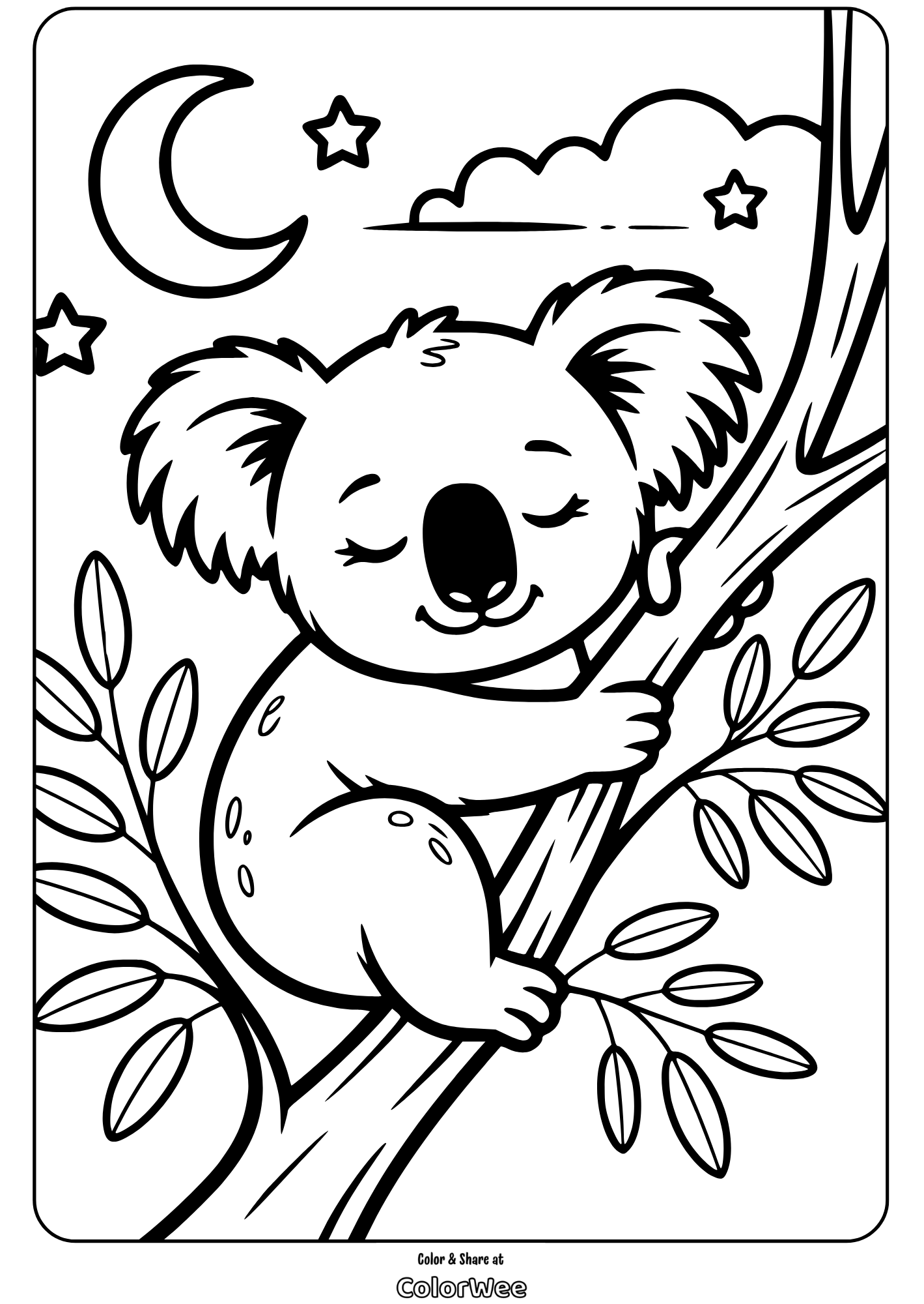 sleeping koala on tree coloring page Cozy koala on a tree under the moon and stars coloring page.