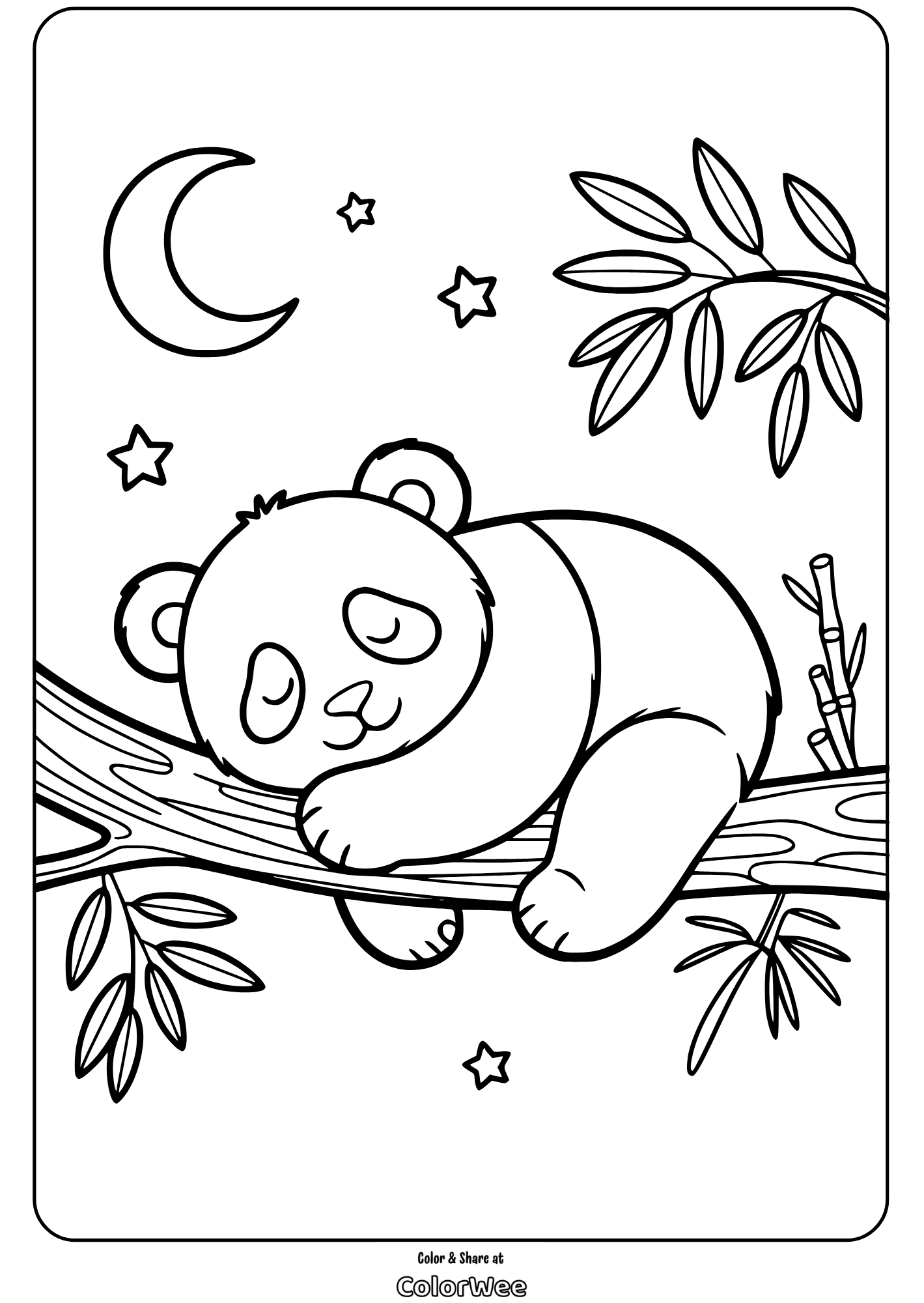 sleeping panda on tree coloring page Sleeping panda on a branch, night sky with moon and stars coloring page.