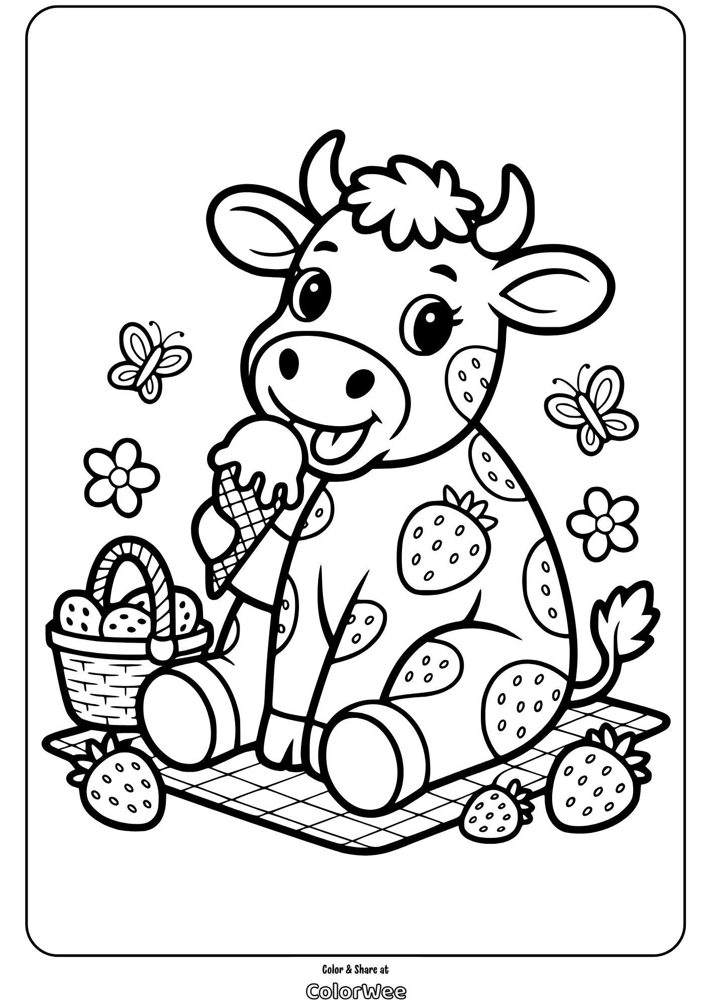 strawberry cow 2 coloring page Cute cow eating ice cream, with strawberries and butterflies coloring page.