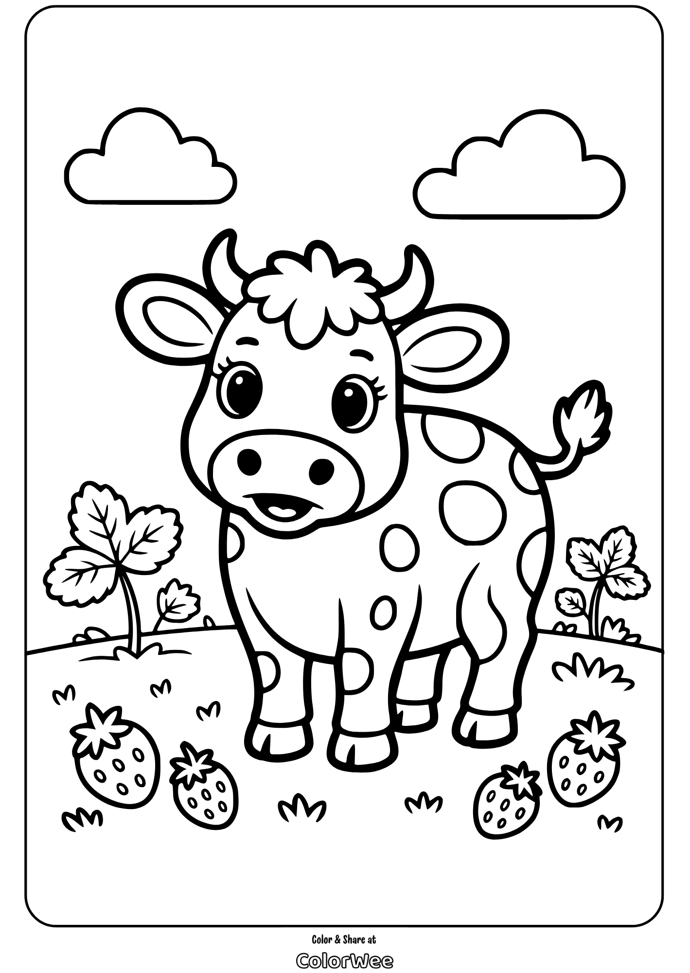 strawberry cow 3 Cute cow coloring page with strawberries and clouds.