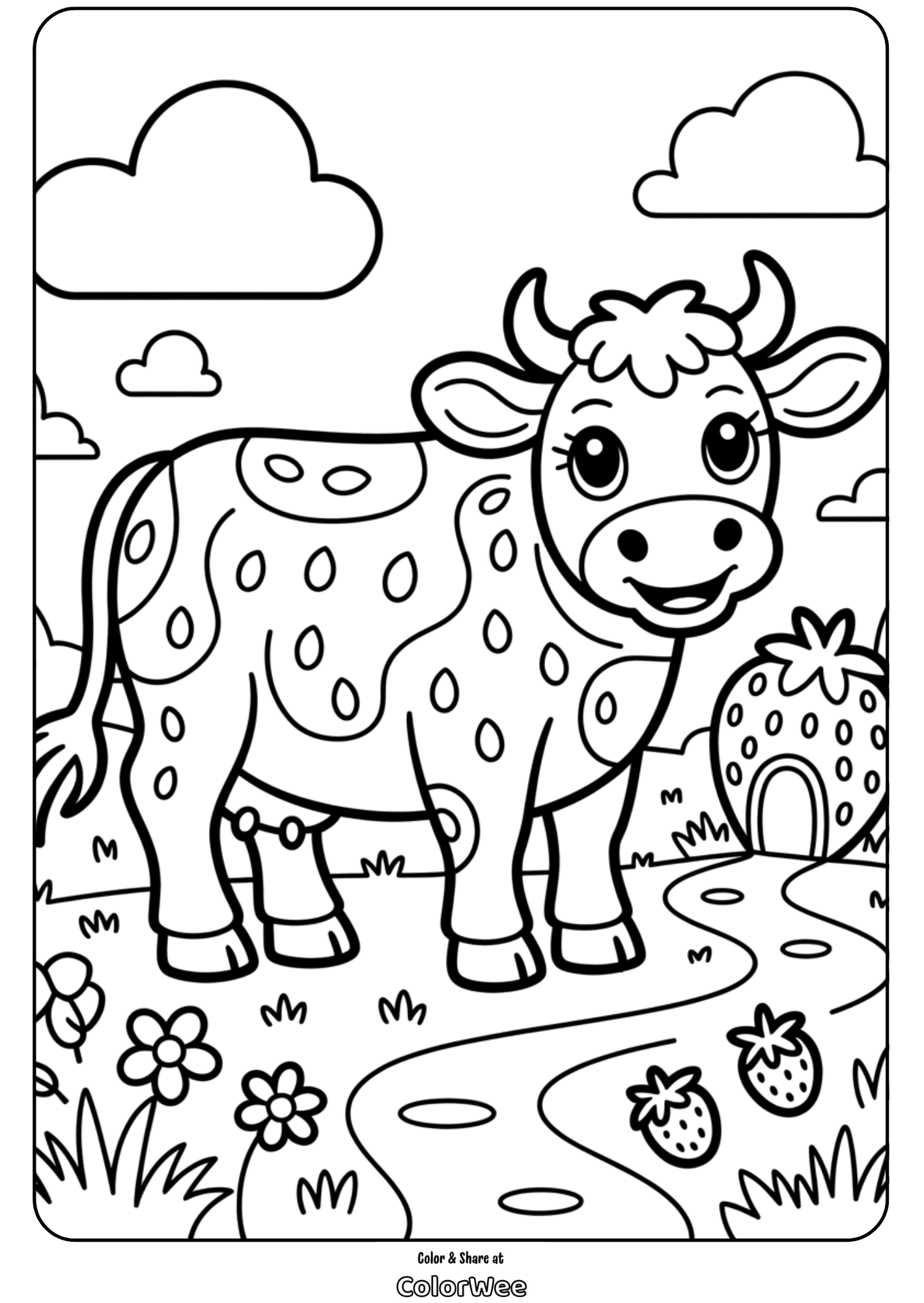 strawberry cow coloring page 4 Cow coloring page with clouds and strawberry house.