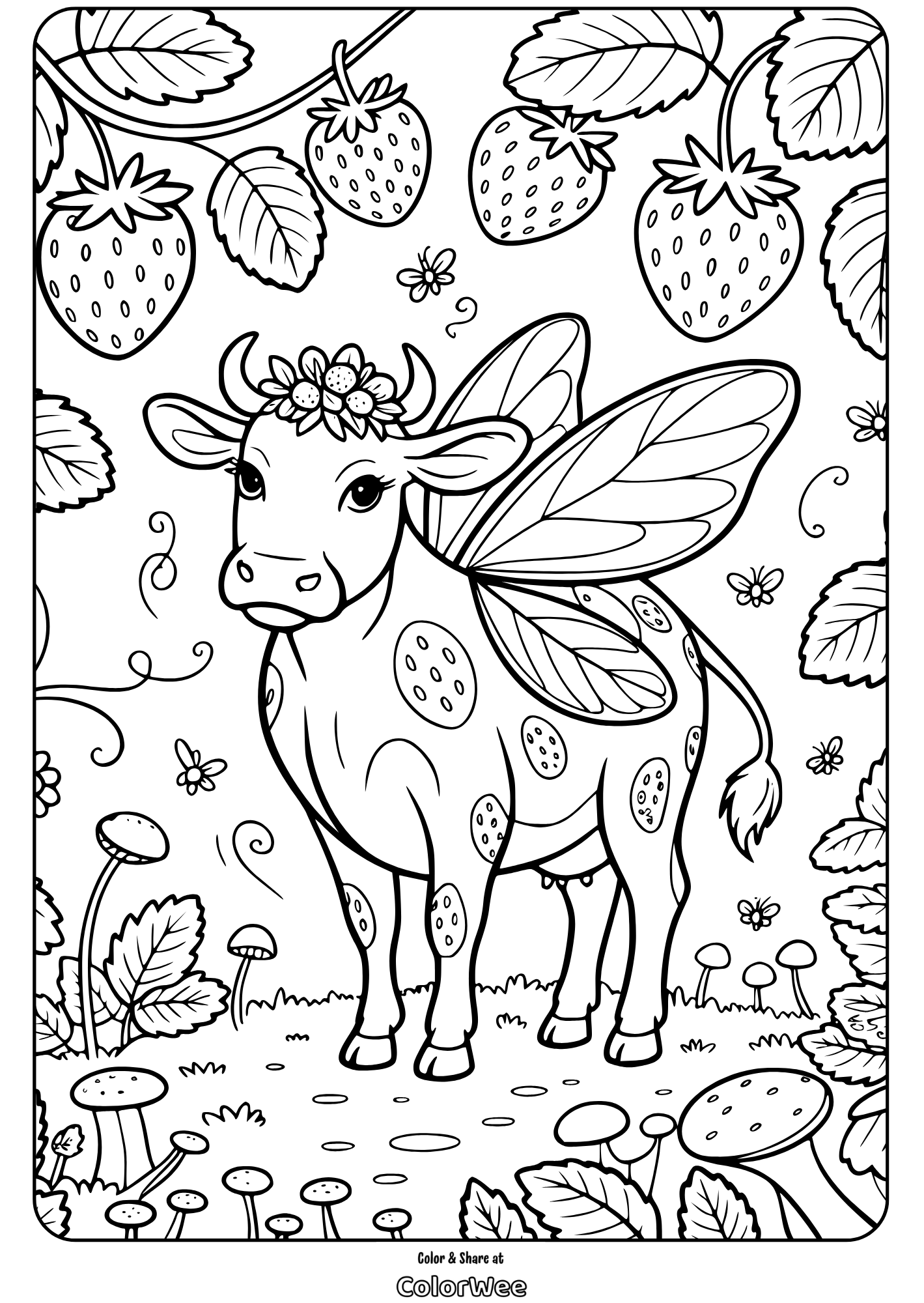 strawberry cow coloring page 5 Fairy cow with wings and strawberries in a whimsical forest scene.