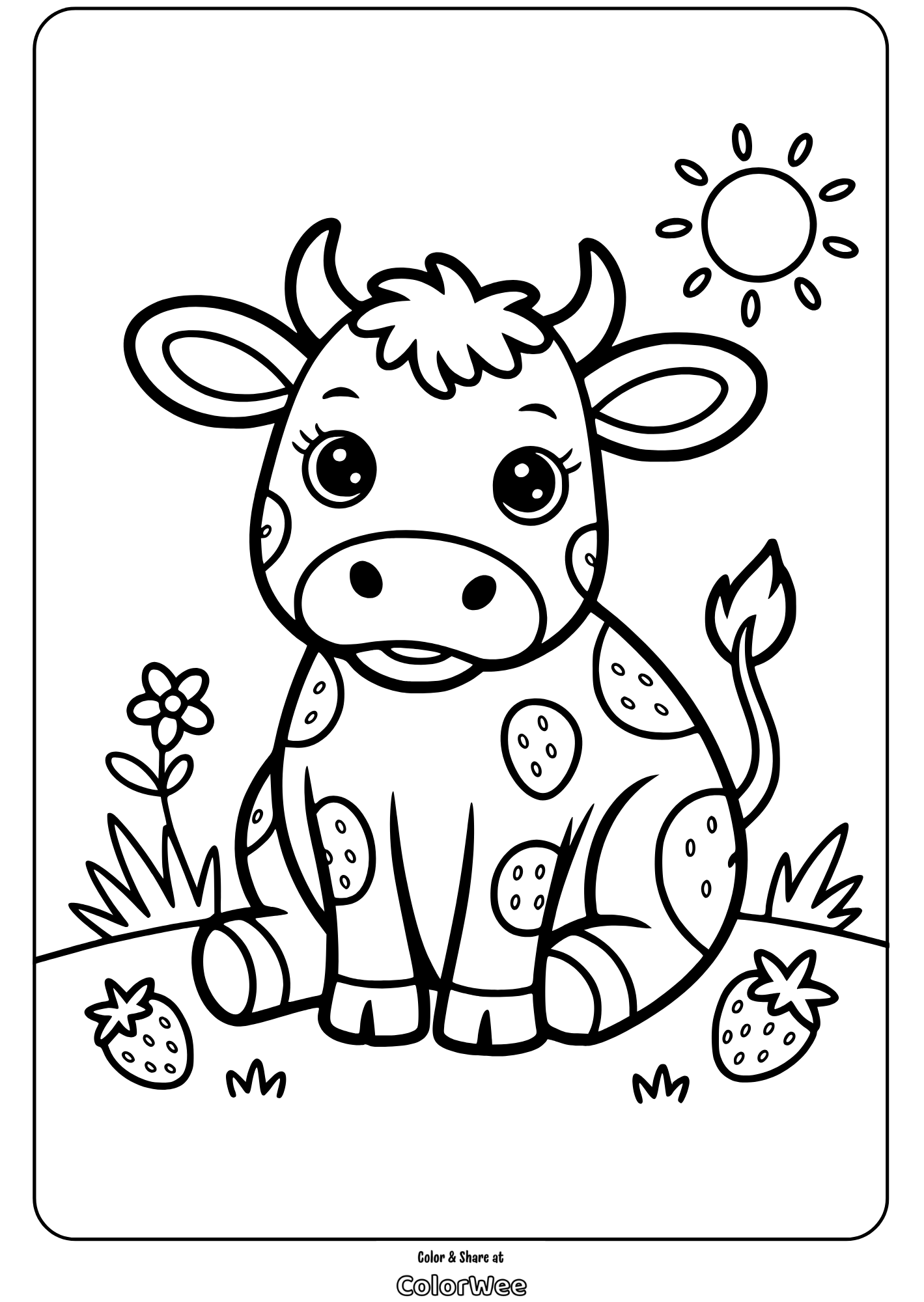 strawberry cow Cute cow coloring page with sun and strawberries.