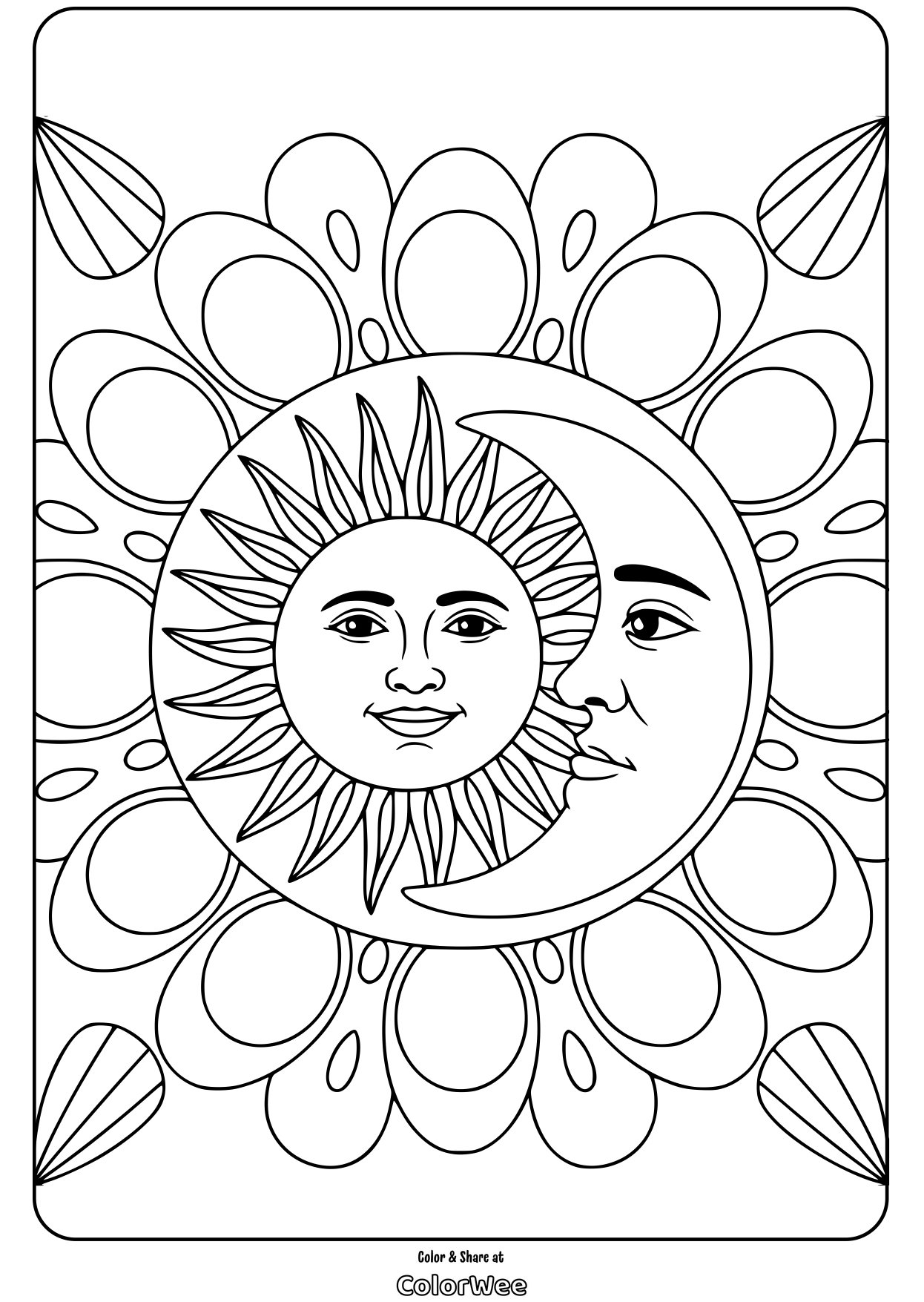 sun and moon mandala floral design coloring page Sun and moon coloring page with decorative patterns.