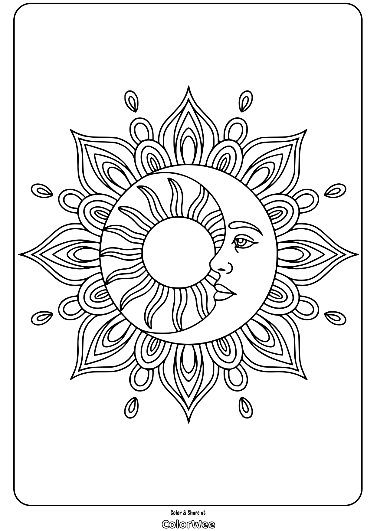 Sun and moon mandala coloring page for adults, intricate design for relaxation.