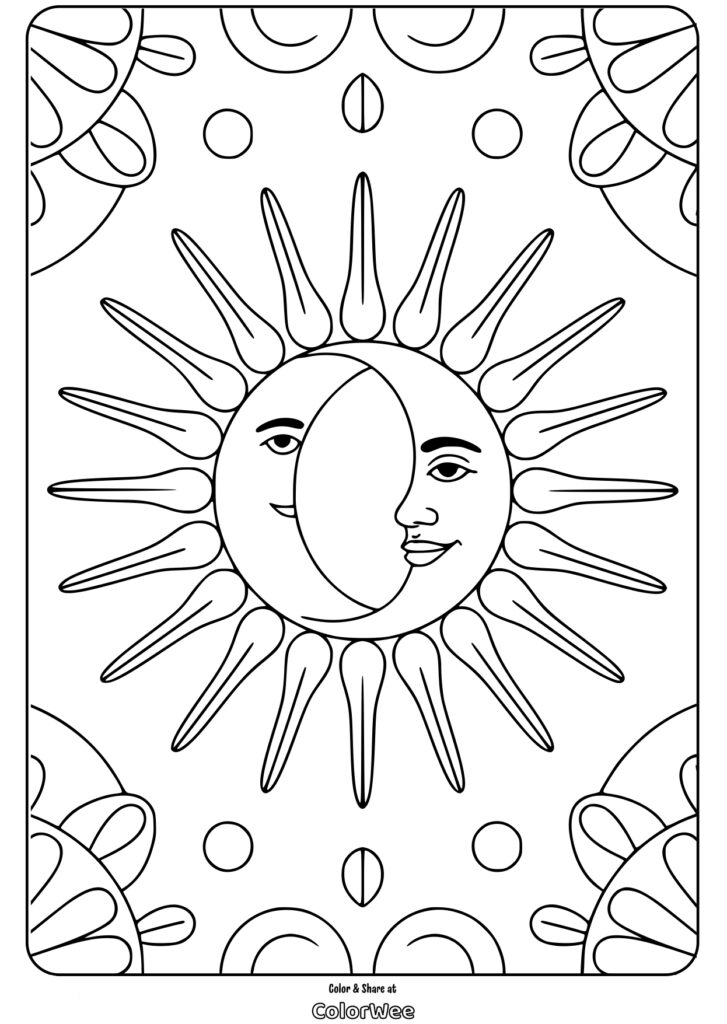 sun and moon mandala radiant beams coloring page Sun and moon face coloring page with celestial patterns.