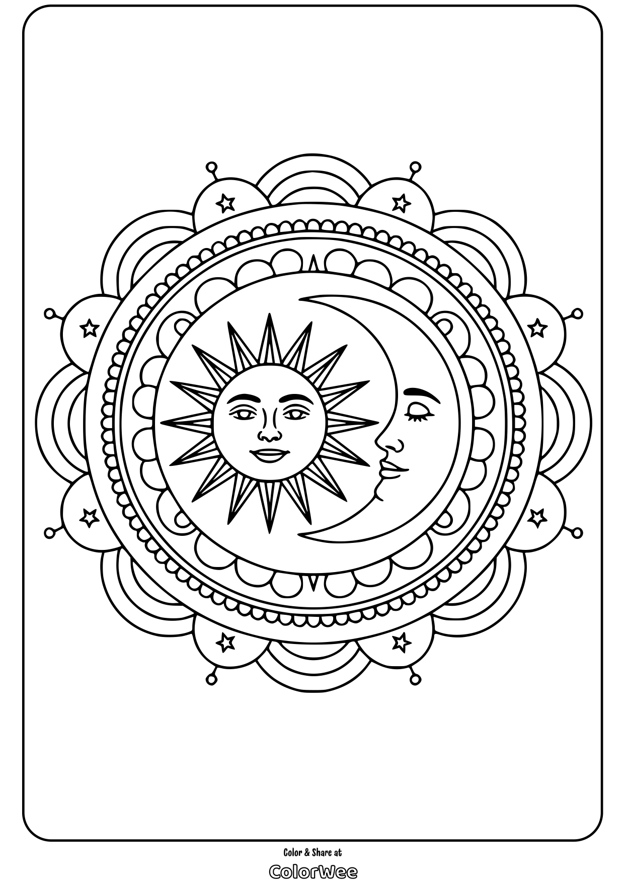 sun and moon mandala star ring coloring page Sun and moon mandala coloring page design.
